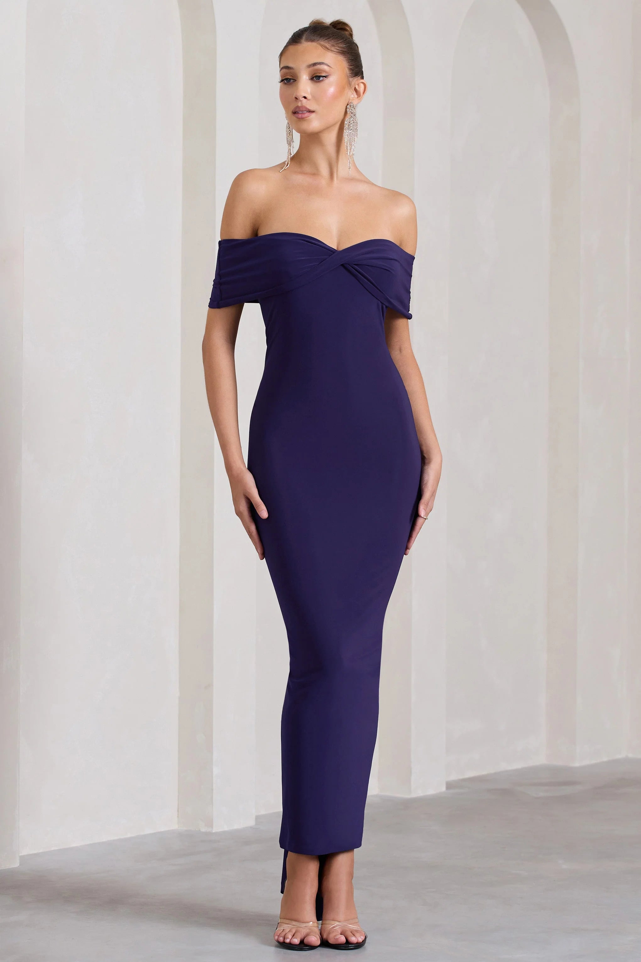Vivienne | Purple Bardot Open-Back Maxi Dress