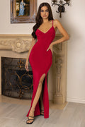 Love Shy | Red Plunge Neck Maxi Dress With Split Detail