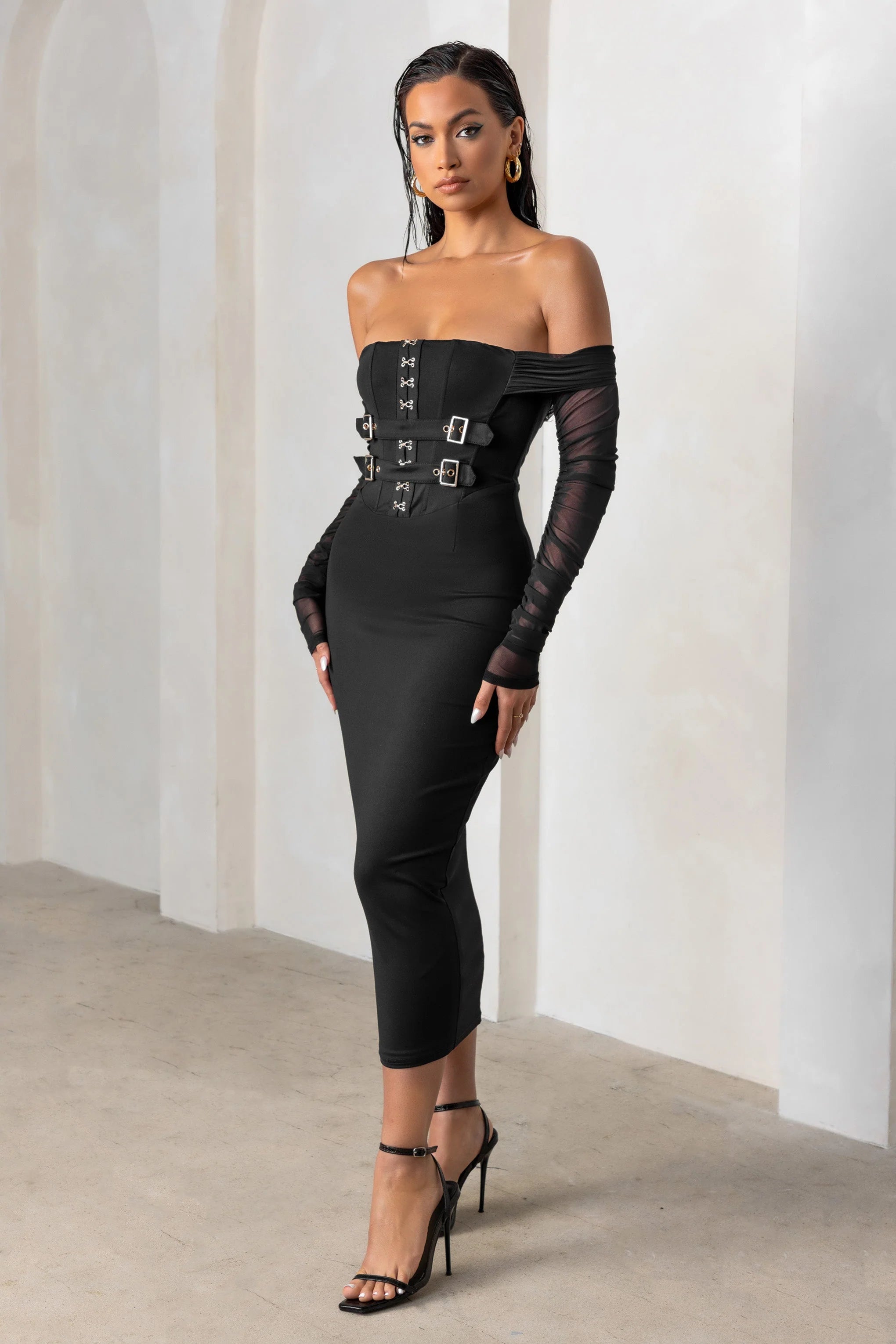 Precious Treasure | Black Bardot Corset Buckle Detail Midi Dress With Mesh Sleeves