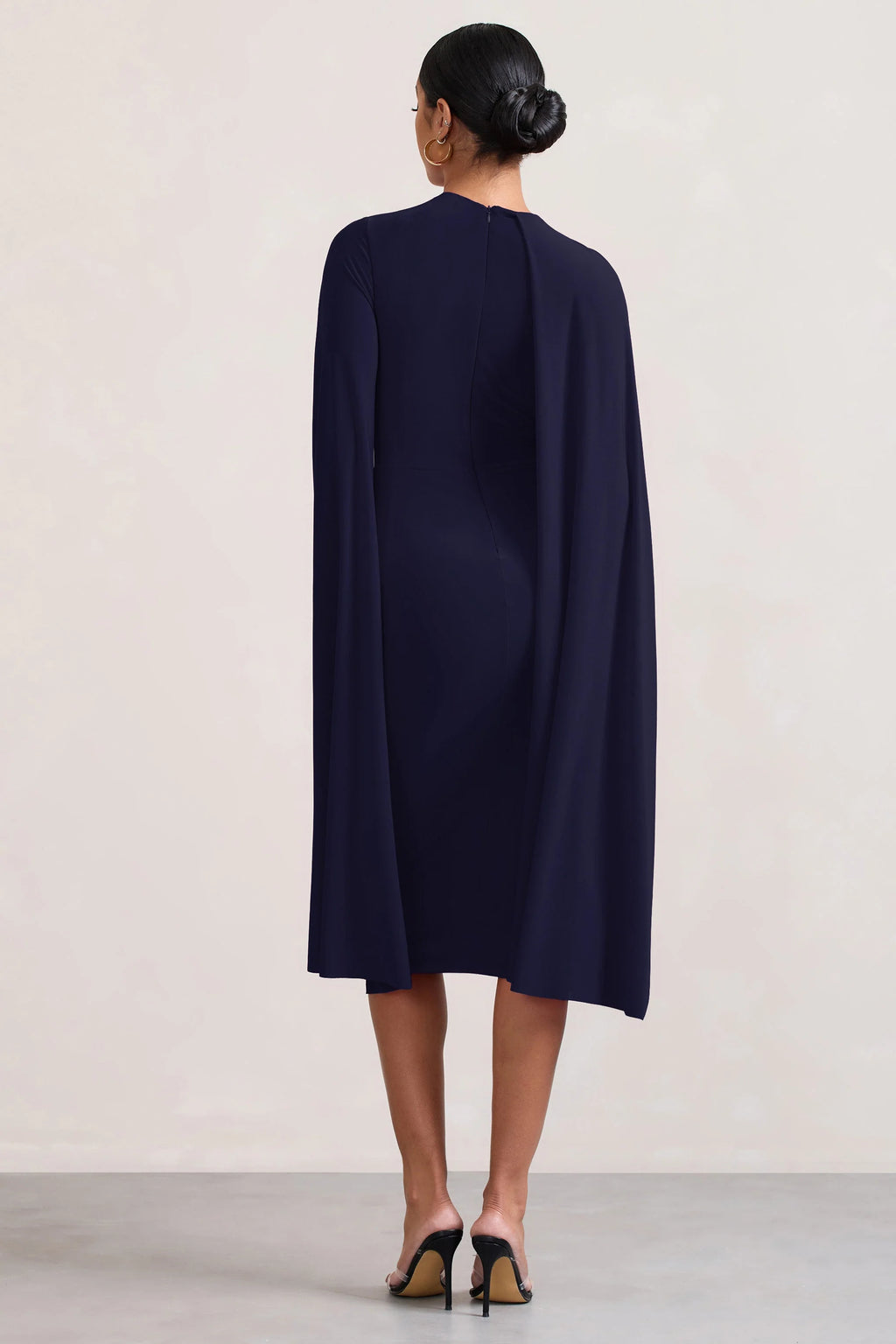 Marysol | Navy Asymmetric Cape Midi Dress