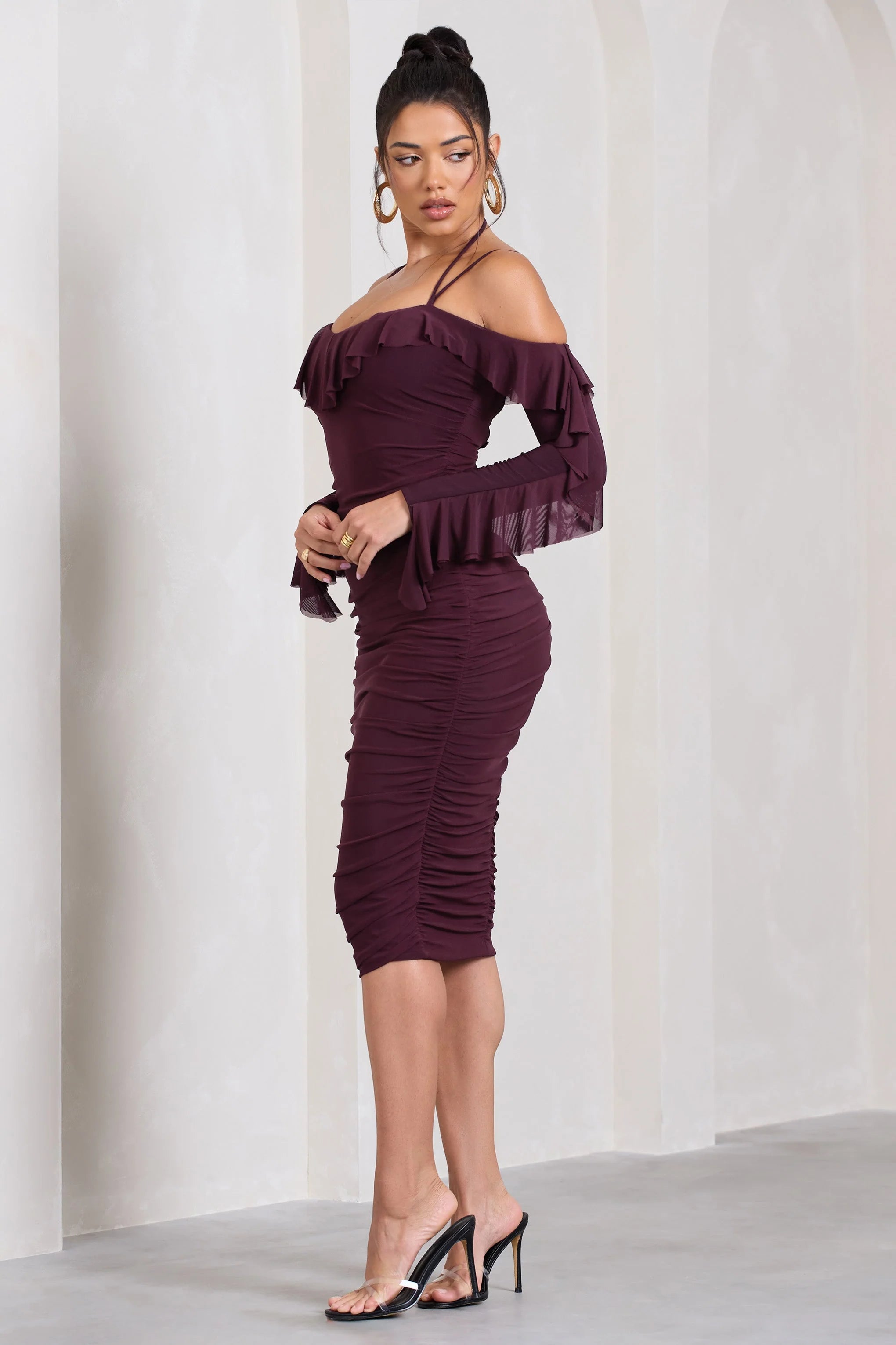 Quinn | Dark Cherry Ruched Strappy Long-Sleeved Midi Dress With Ruffles