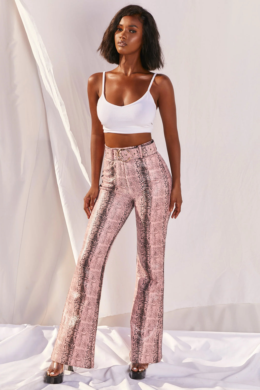 Drive ‘Em Wild Petite High Waisted Wide Leg Trousers in Pink Snake Print