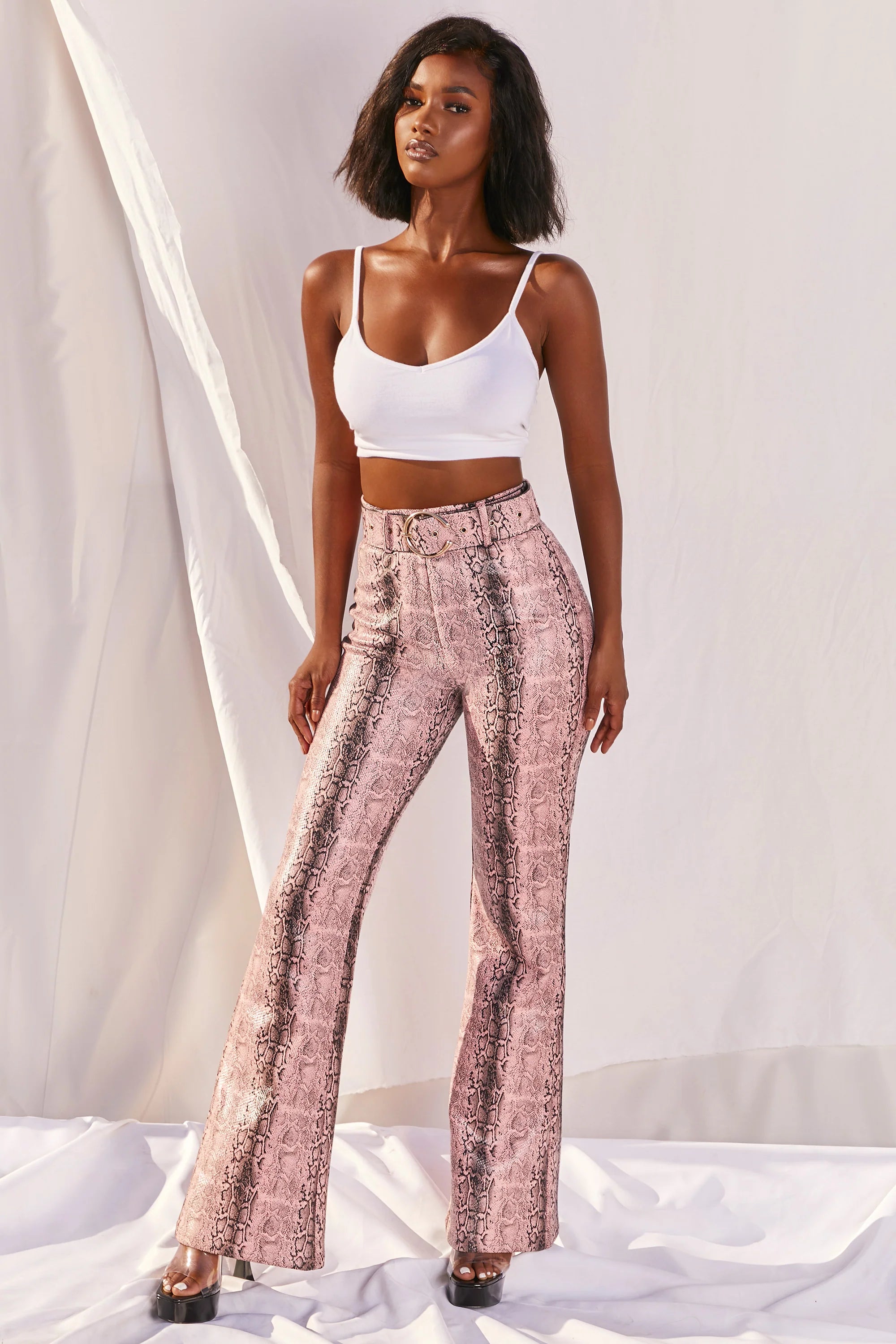 Drive ‘Em Wild Petite High Waisted Wide Leg Trousers in Pink Snake Print