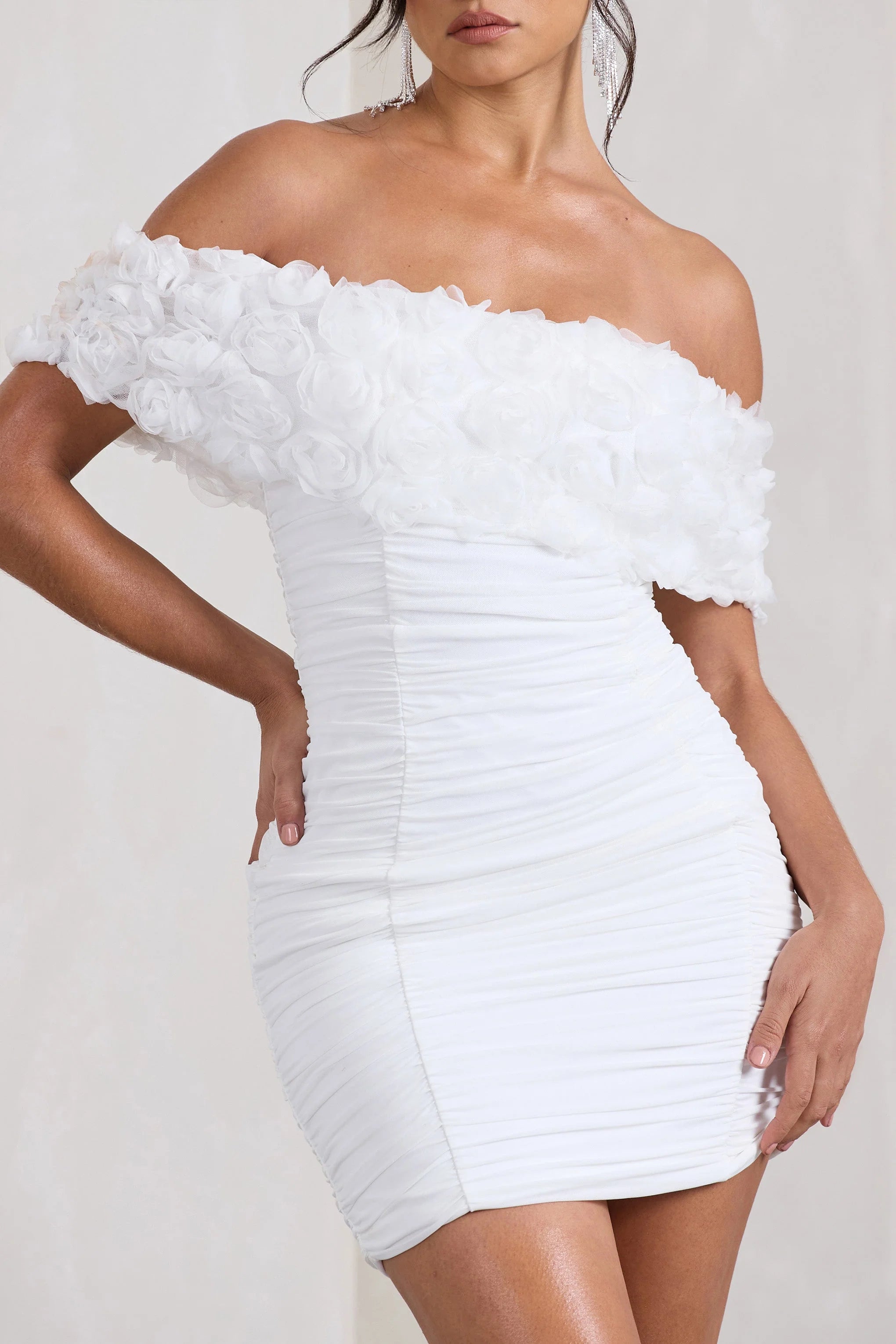 Pass A Glass | White Ruched Bardot Mini Dress With Flowers