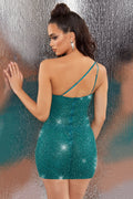 Don’t Cross Me Asymmetrical Embellished Mini Dress in Green