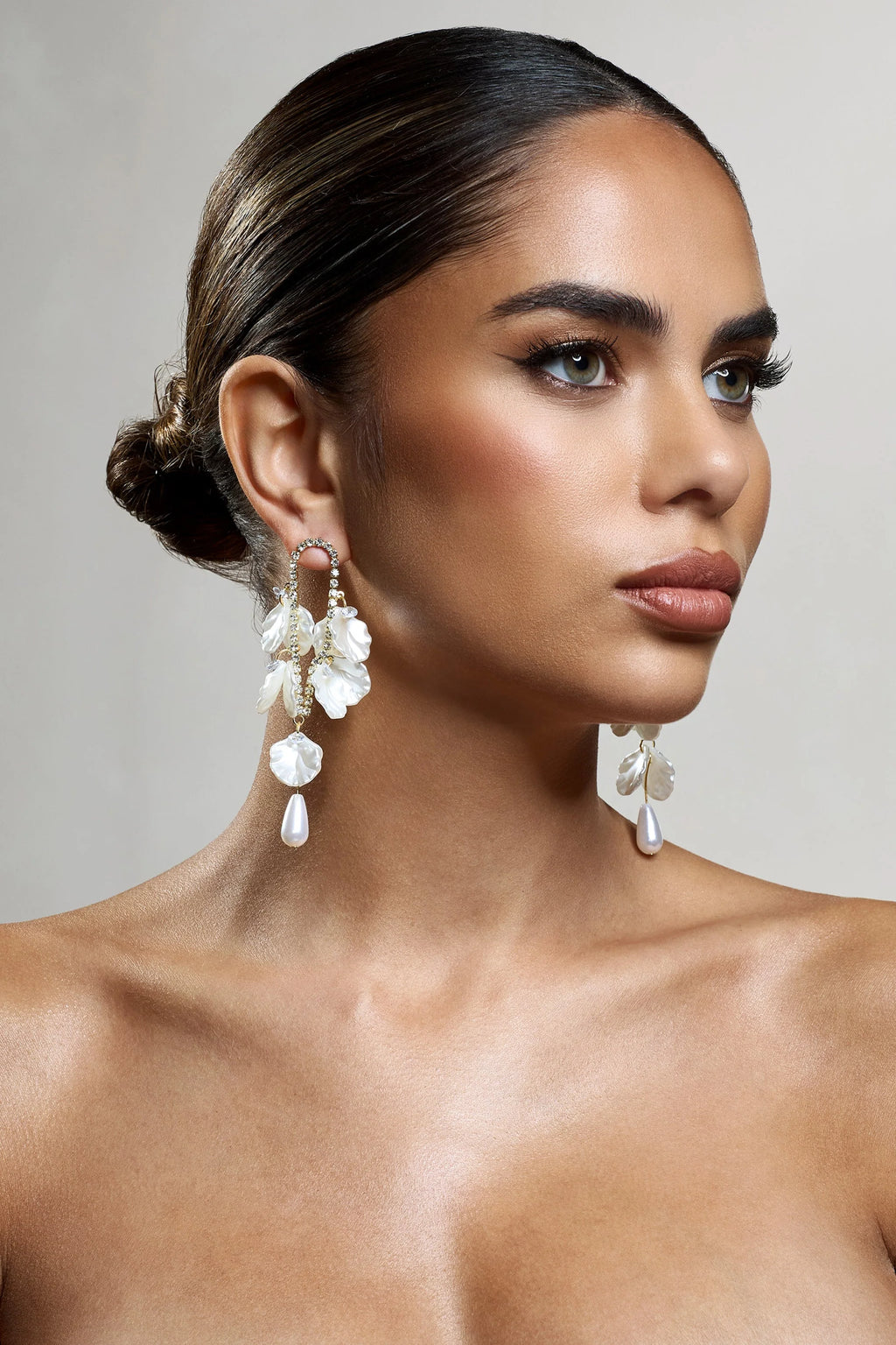 Lavinie | Gold Diamante Pearl Petal Dangle Earrings