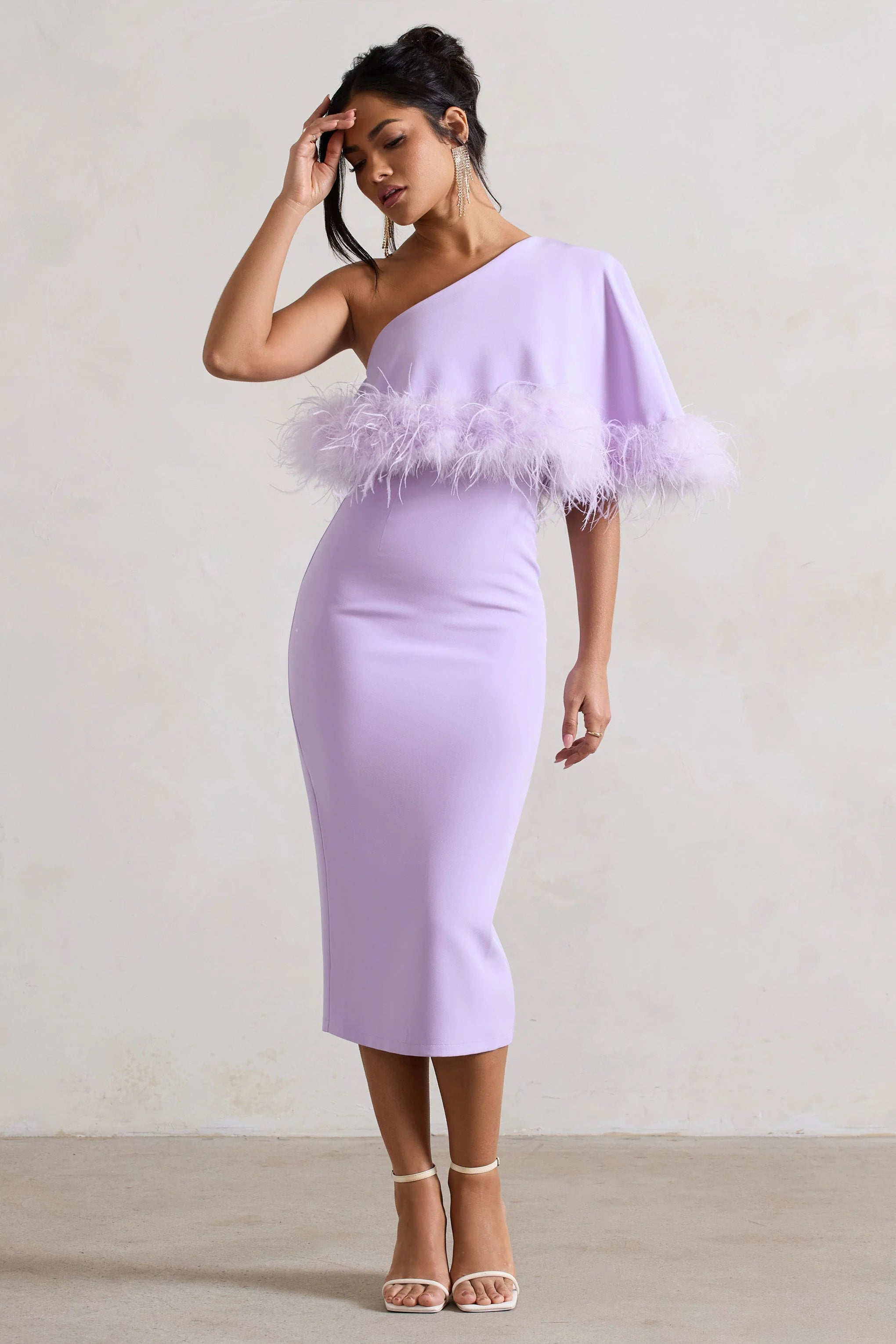 Victory | Lilac Asymmetric Midi Dress With Feather Trim