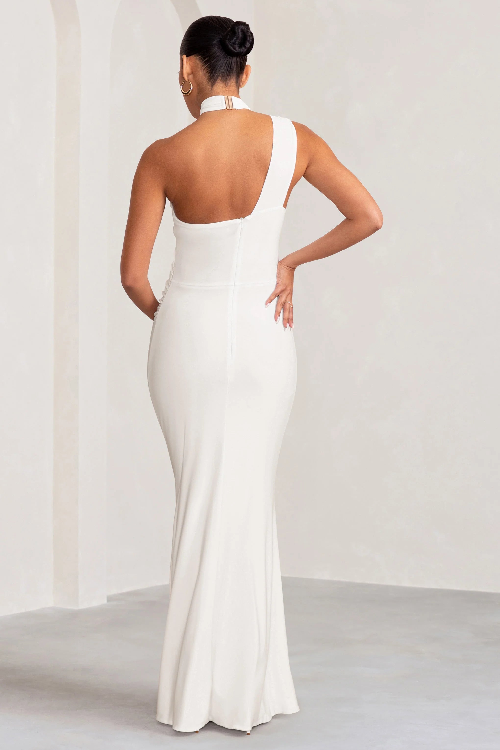 Alba | White Maternity Halter Asymmetric Maxi Dress with Cut Out