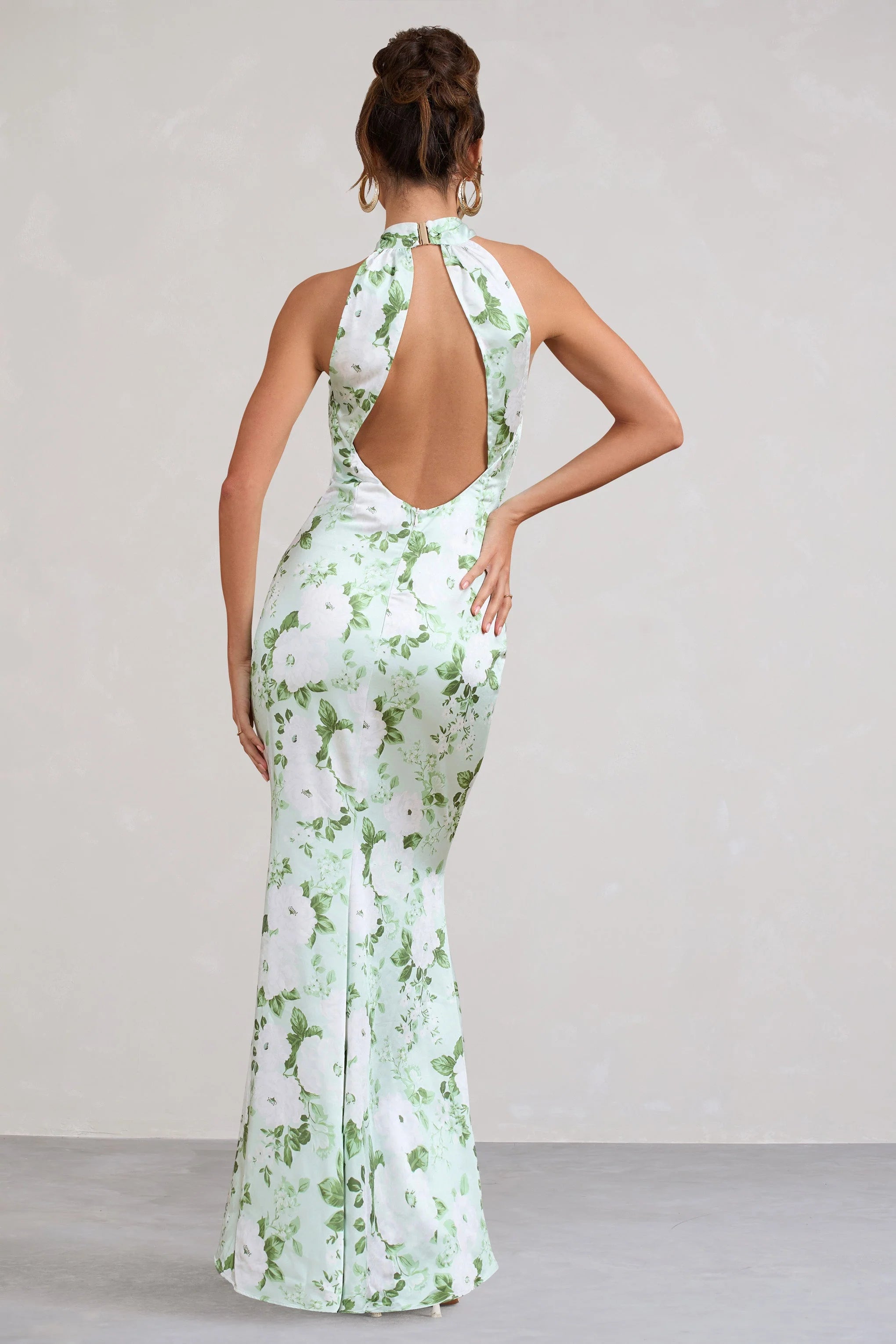 Unstoppable | Green Floral Print Satin Cross Over Halter Neck Maxi Dress