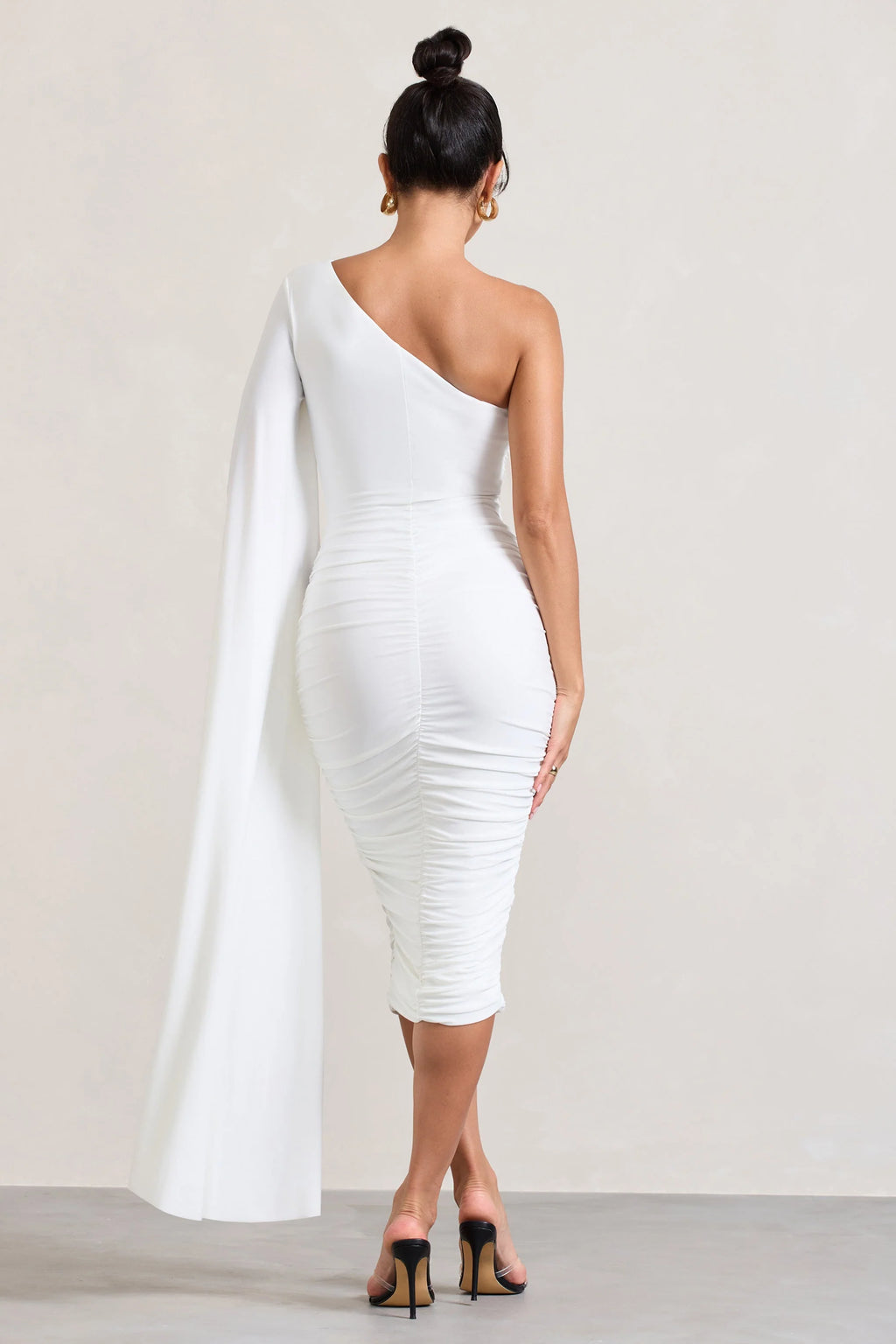Yara | White One Shoulder Cape Ruched Midi Dress