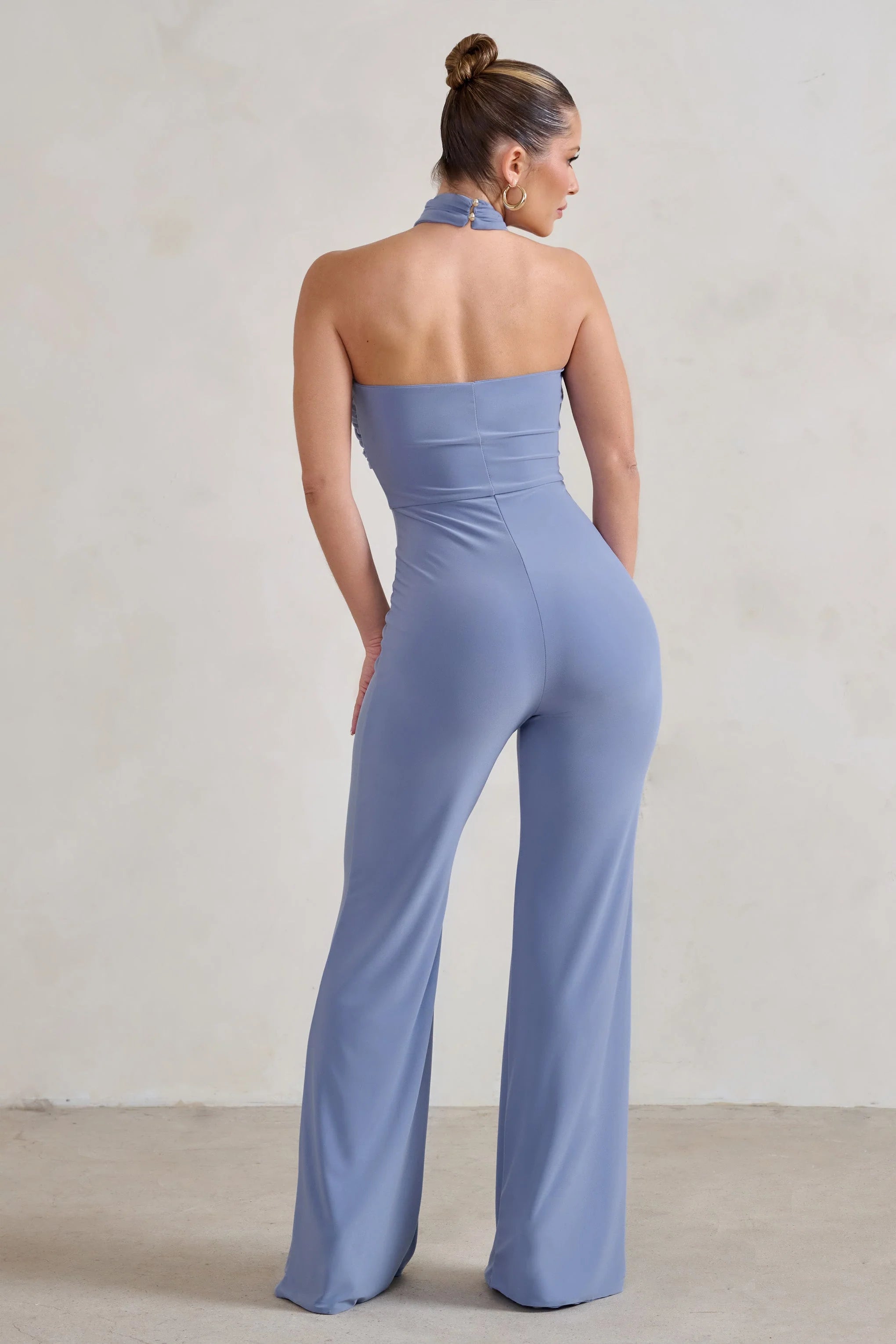 Goddess | Ice Blue Halter Neck Flare Jumpsuit