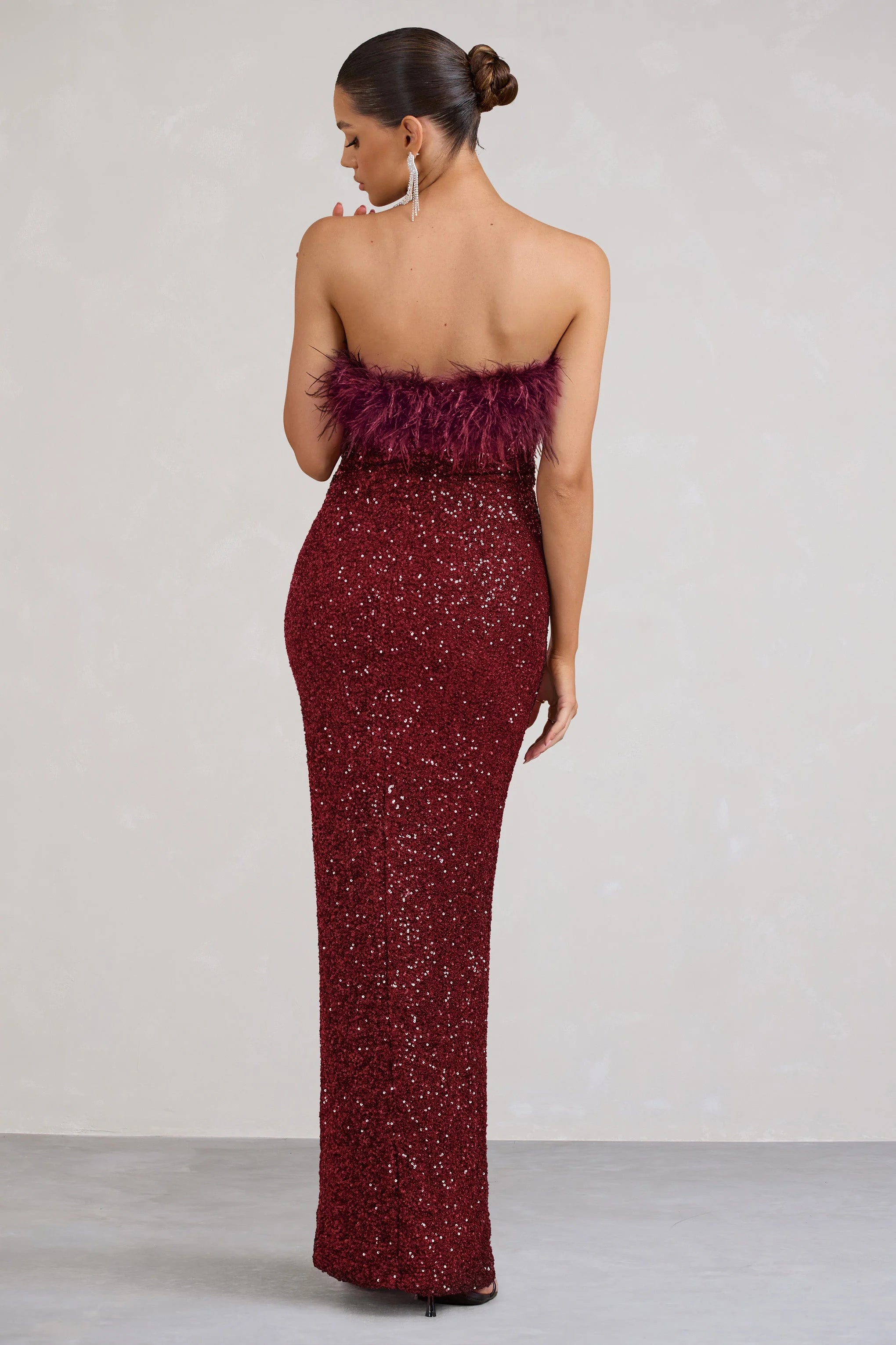 Old Money | Burgundy Bodycon Sequin Maxi Dress With Feather Trim