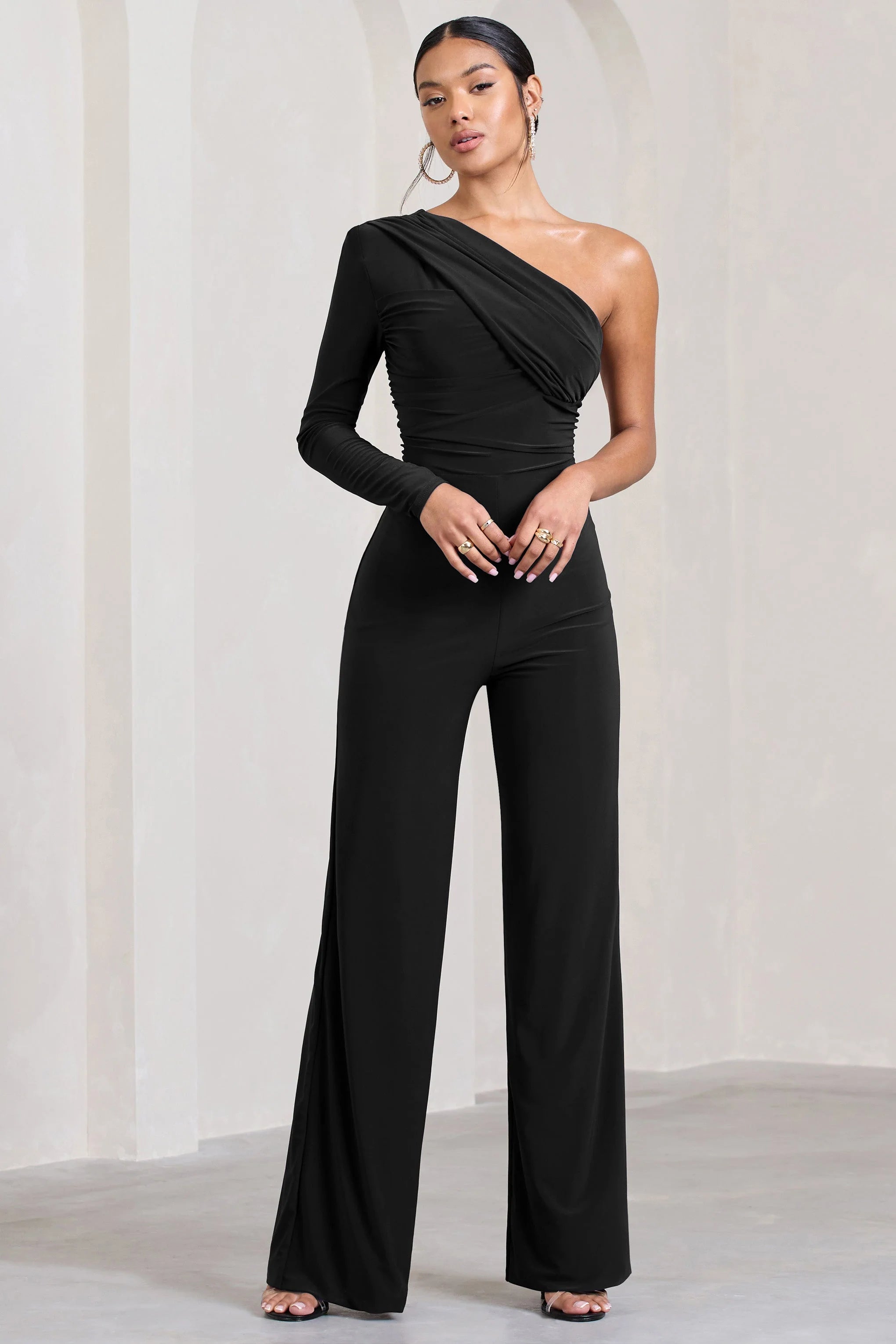 Mila | Black One Shoulder Ruched Wide Leg Jumpsuit