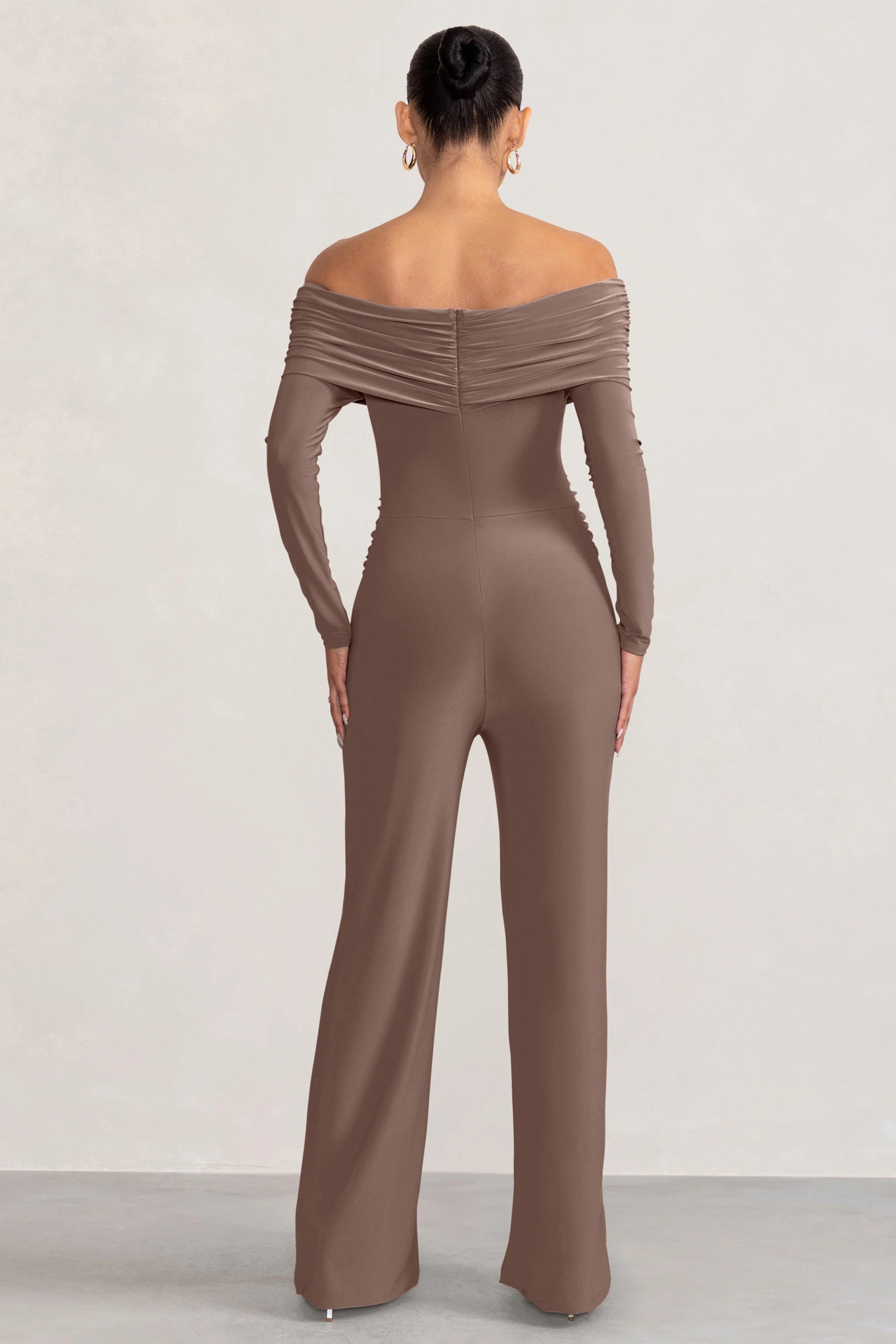 Nuala | Mocha Bardot Maternity Jumpsuit with Long Sleeves