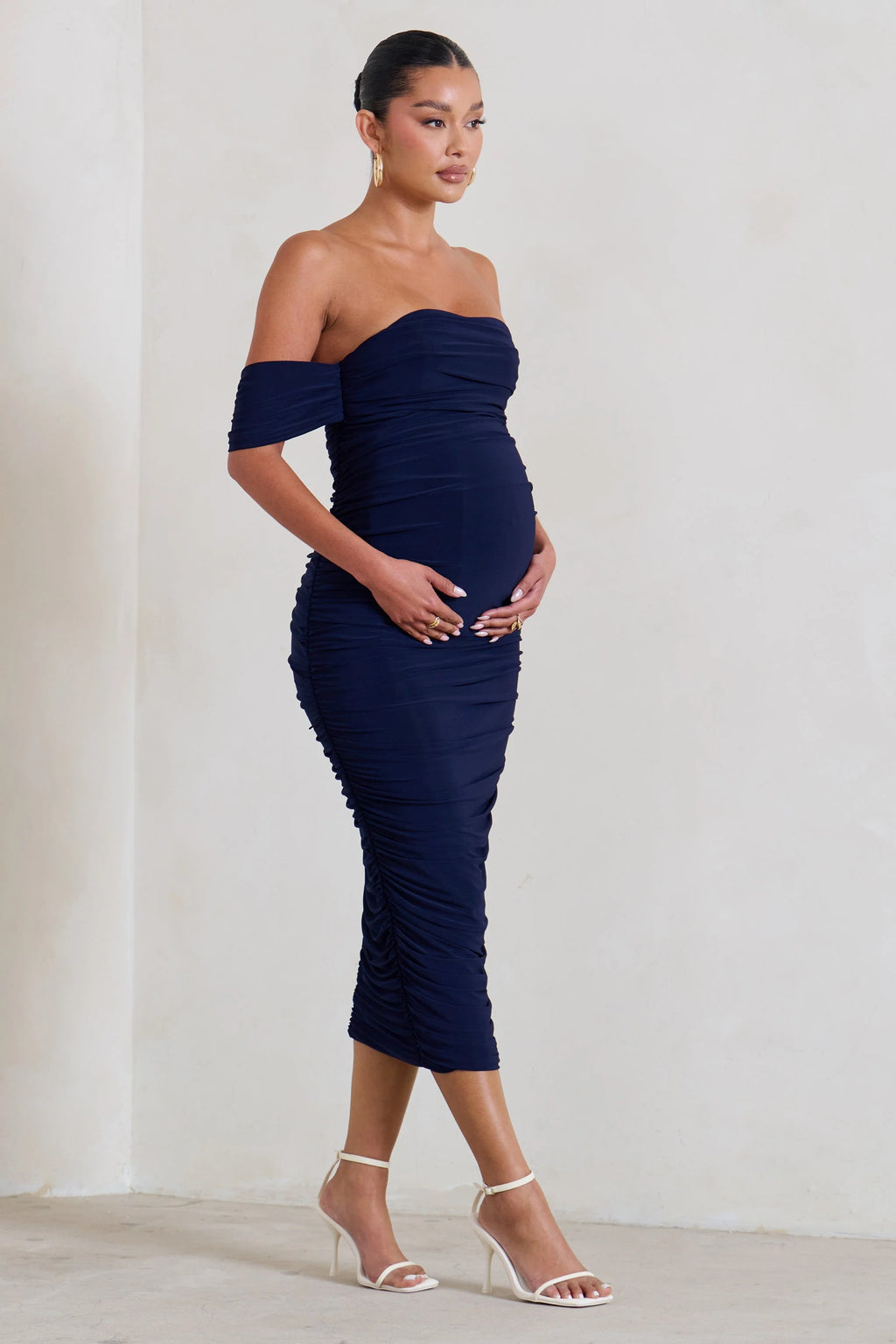 Plus One | Navy Ruched Bardot Midi Dress