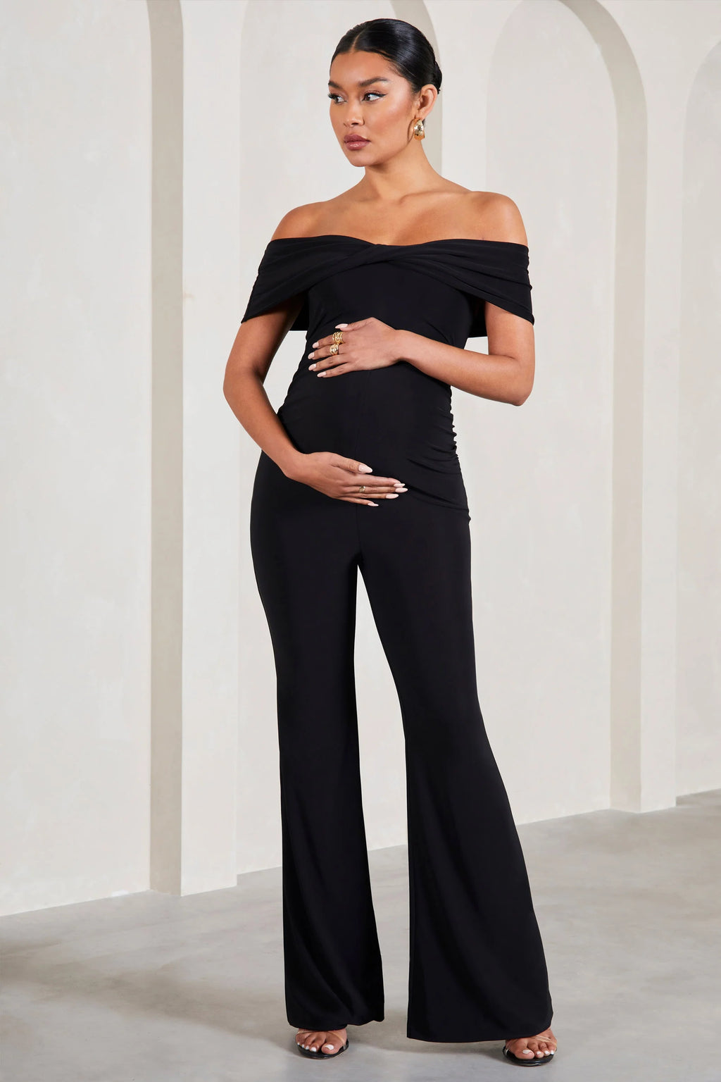 Elisa | Black Bardot Flared-Leg Maternity Jumpsuit
