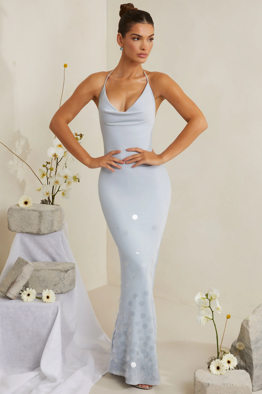 Cowl Neck Embellished Satin Maxi Dress in Blue