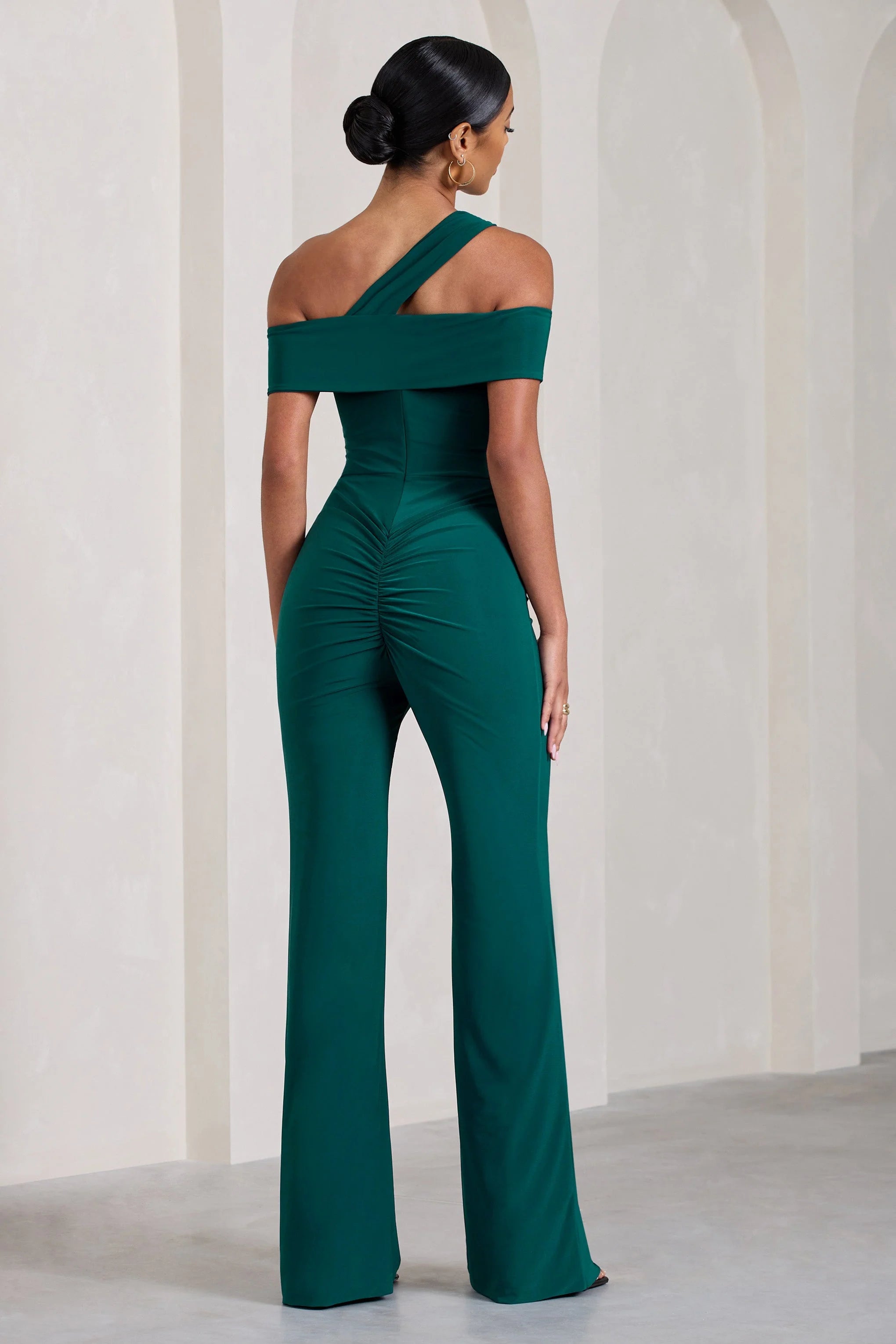 Striking | Bottle Green Strappy Asymmetric Flared-Leg Jumpsuit