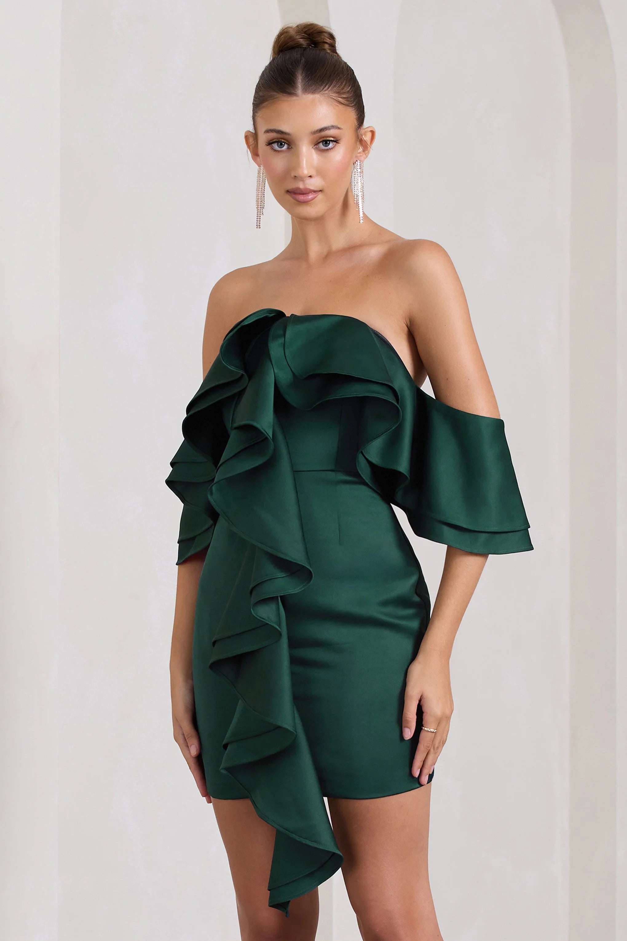 Aspen | Bottle Green Bardot Mini Dress With Ruffles