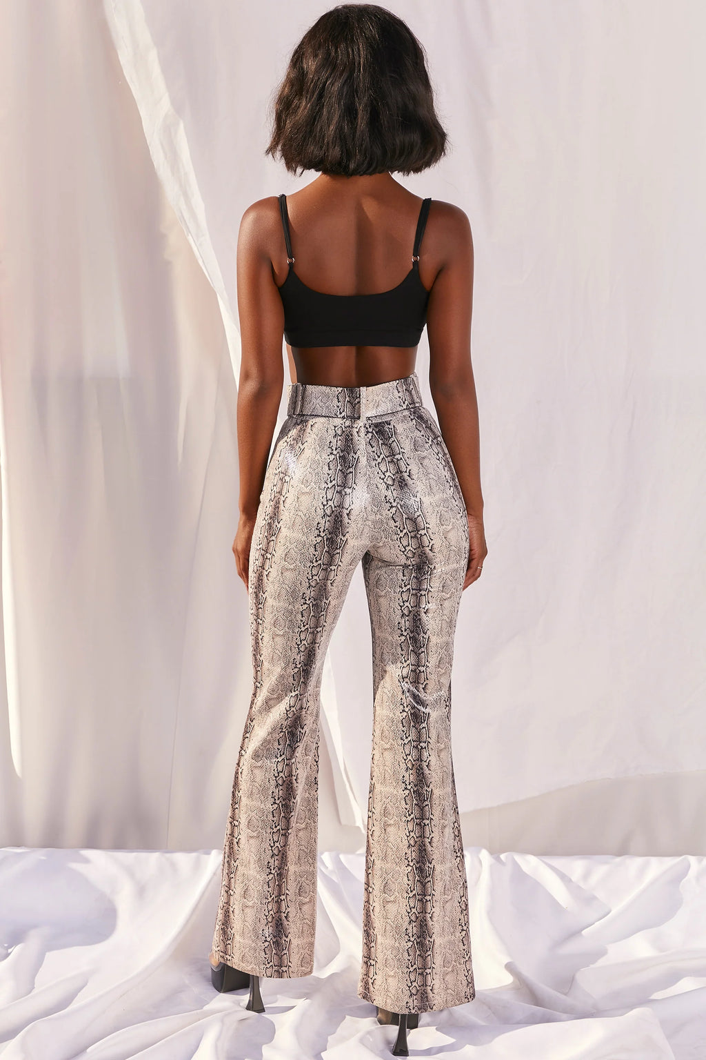 Drive ‘Em Wild Petite High Waisted Wide Leg Trousers in Grey Snake Print