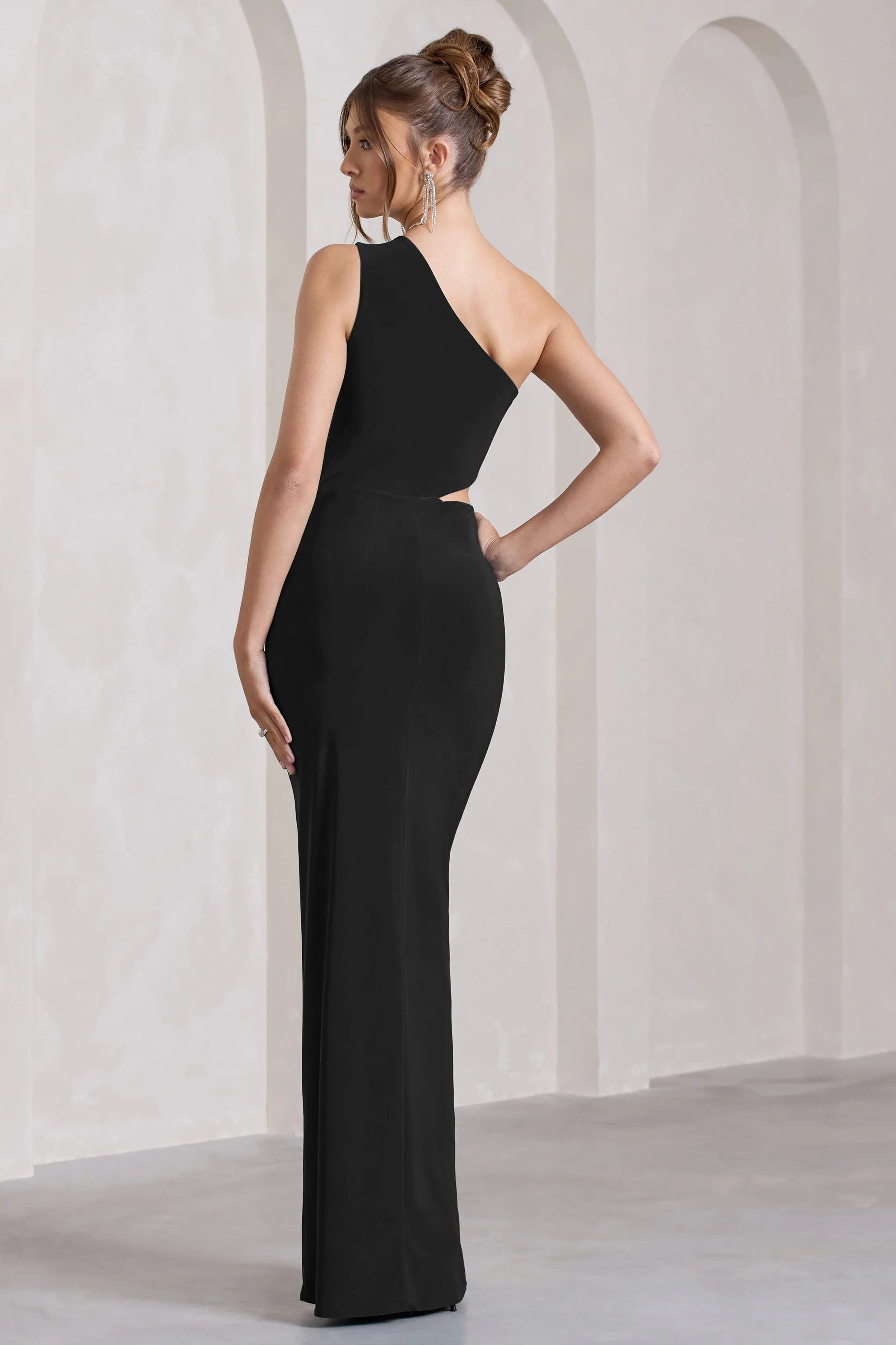 Emmy | Black Asymmetric Cut-Out Split Maxi Dress
