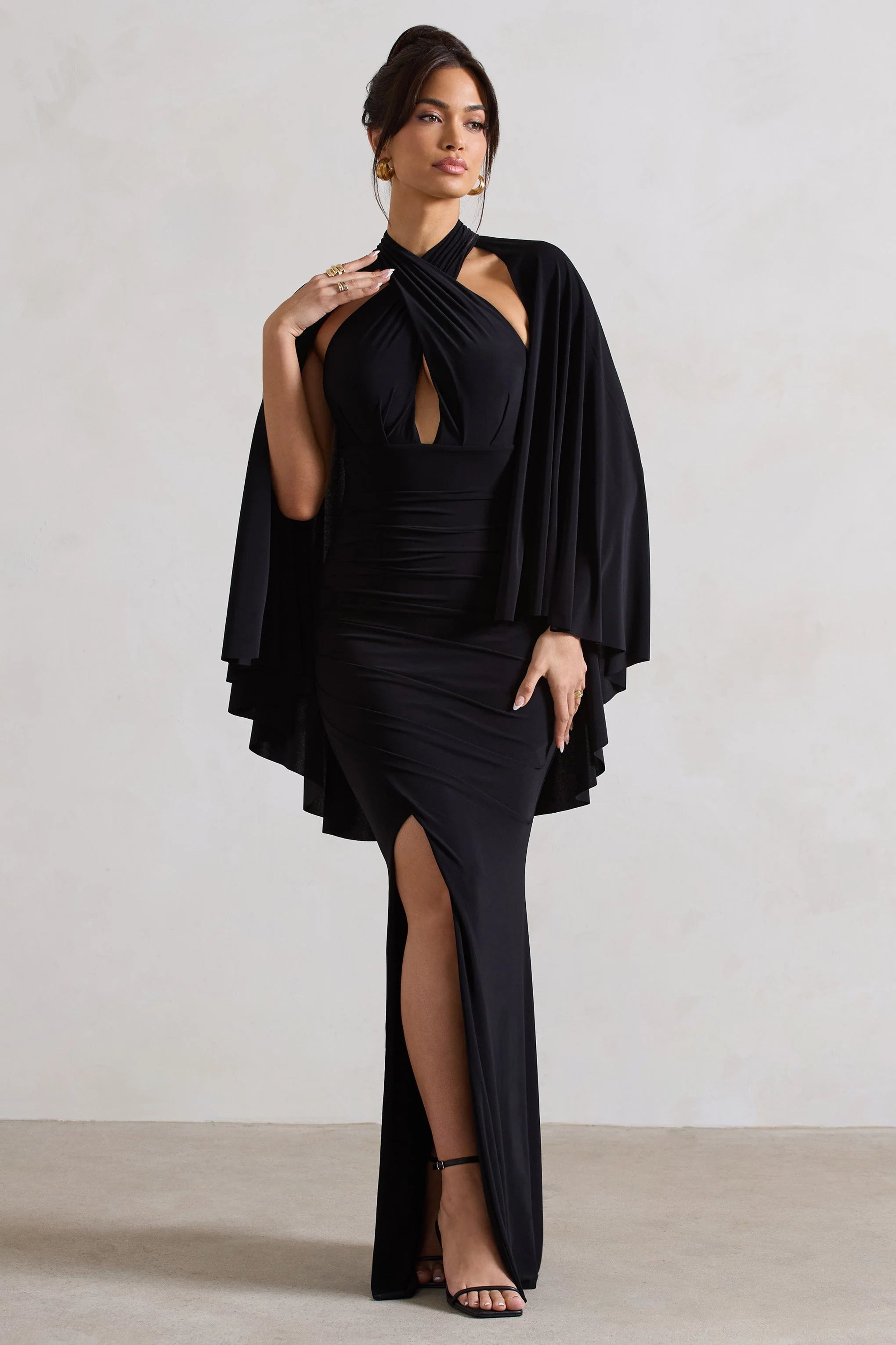 Audrina | Black Ruched Halter-Neck Split Maxi Dress With Cape