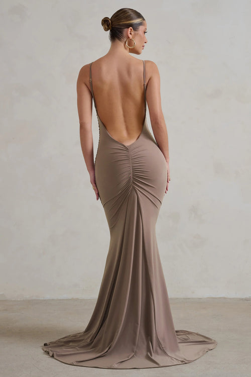 Adele | Mocha Backless Ruched Fishtail Cami Maxi Dress