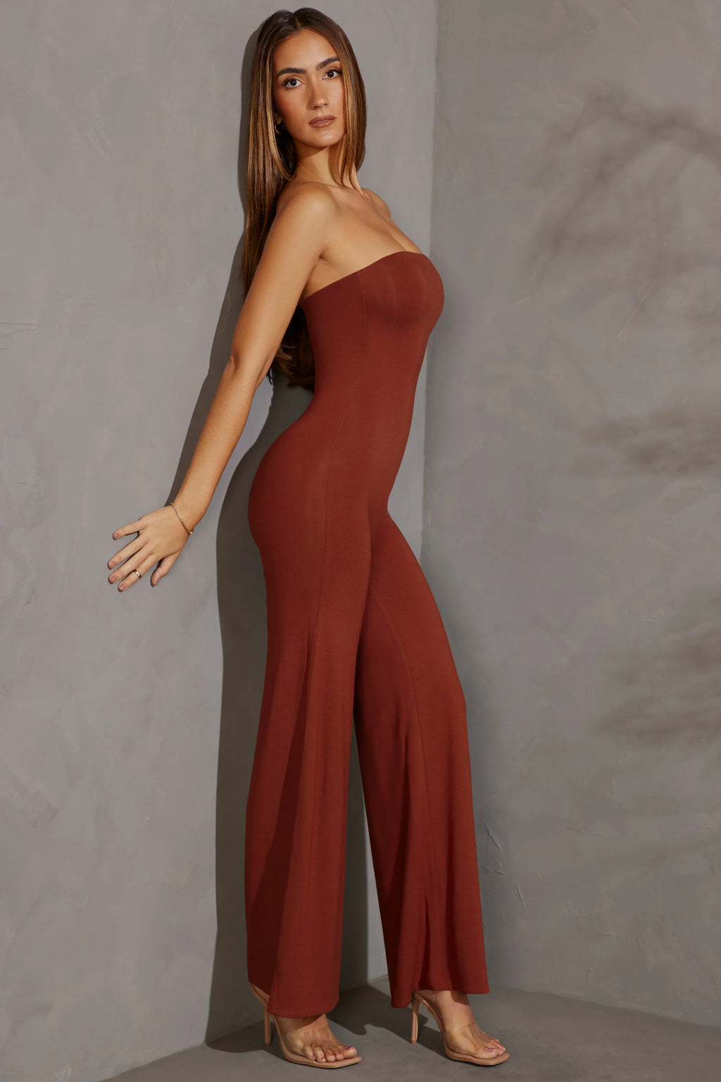 Petite Bandeau Wide Leg Jumpsuit in Brick