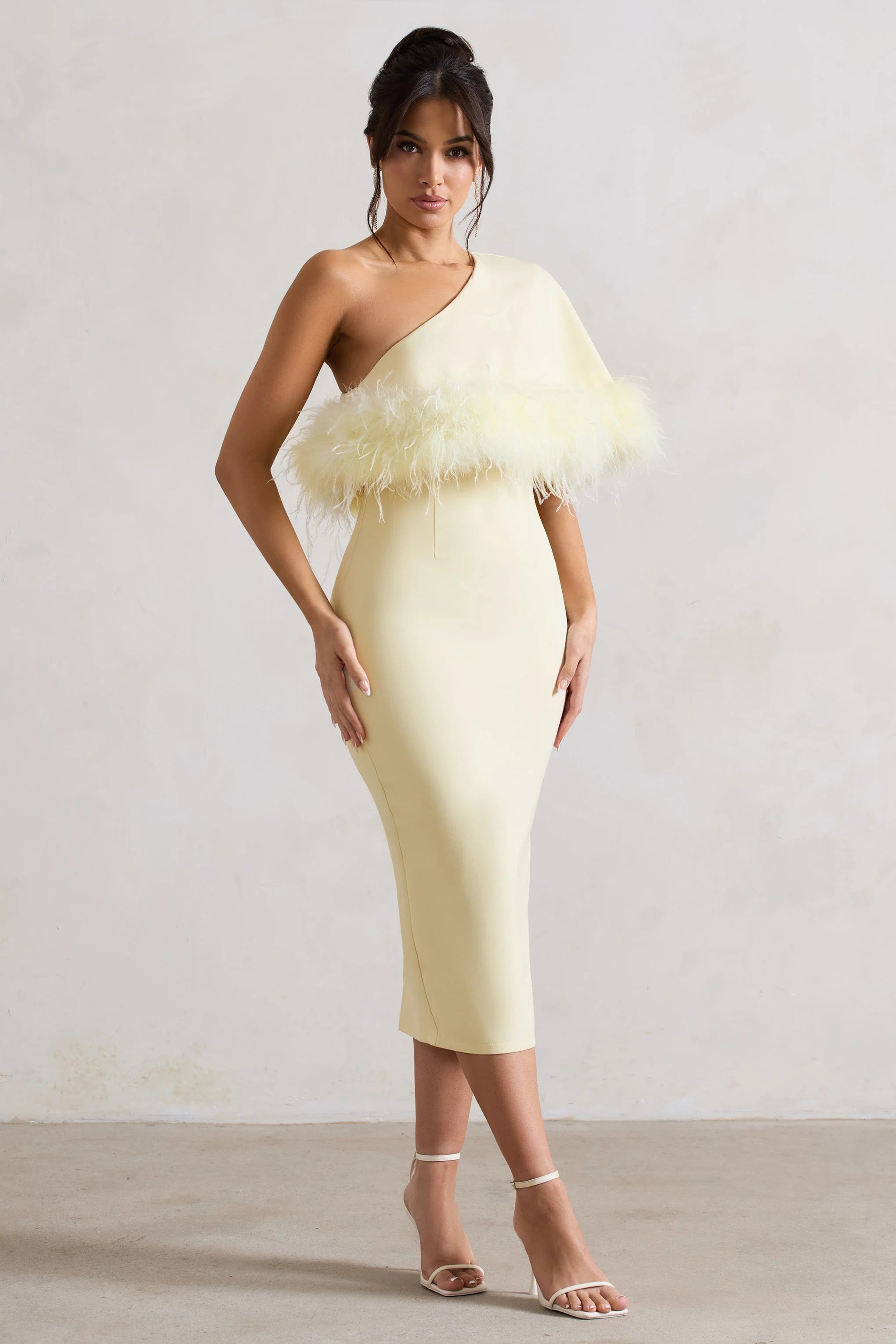 Victory | Lemon Asymmetric Midi Dress With Feather Trim