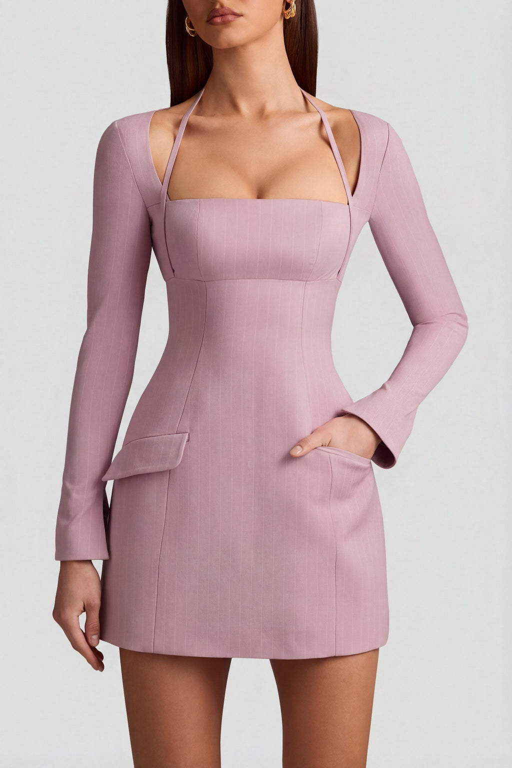 Pinstripe Structured A-Line Mini Dress in Mauve