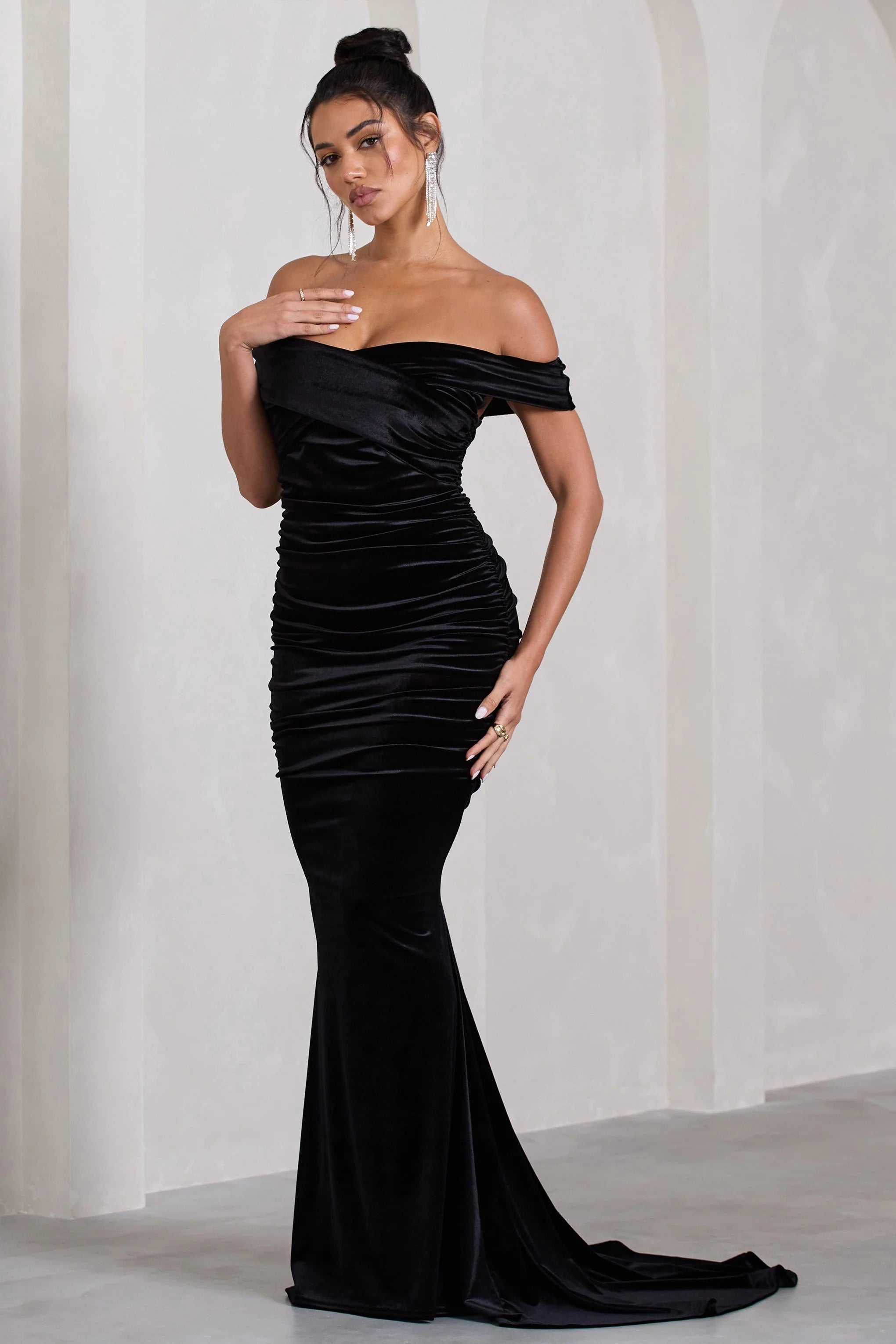 Apolline | Black Velvet Off The Shoulder Ruched Fishtail Maxi Dress
