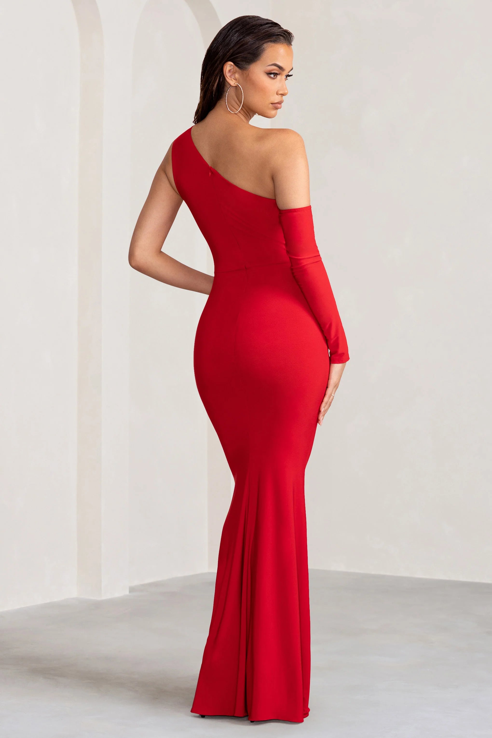 Baylor | Red One Shoulder Draped Skirt Maxi Dress
