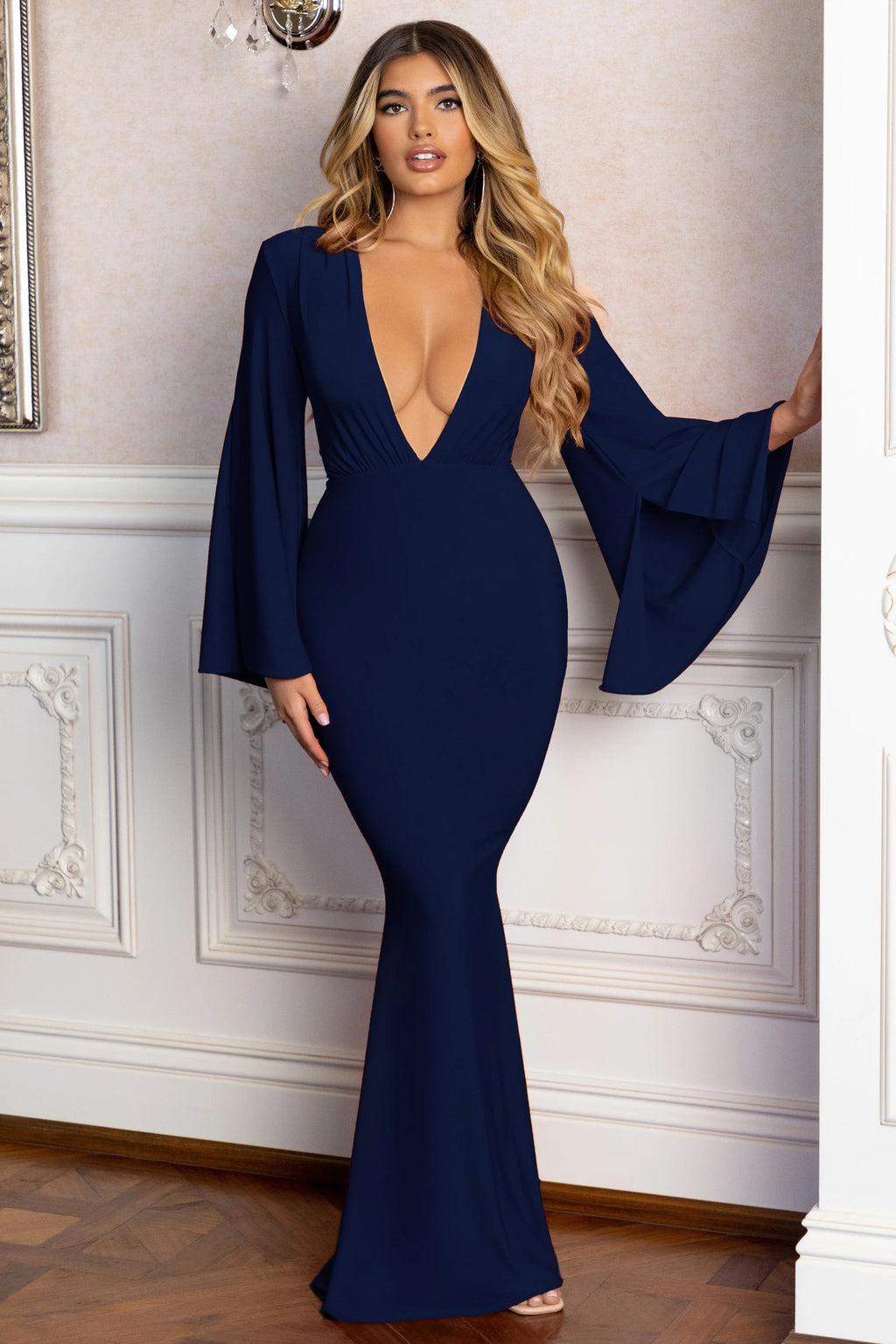 Odyssey | Navy Plunge Maxi Dress With Cape Sleeves