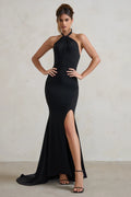 Jodie | Black Halterneck Fishtail Maxi Dress With Split