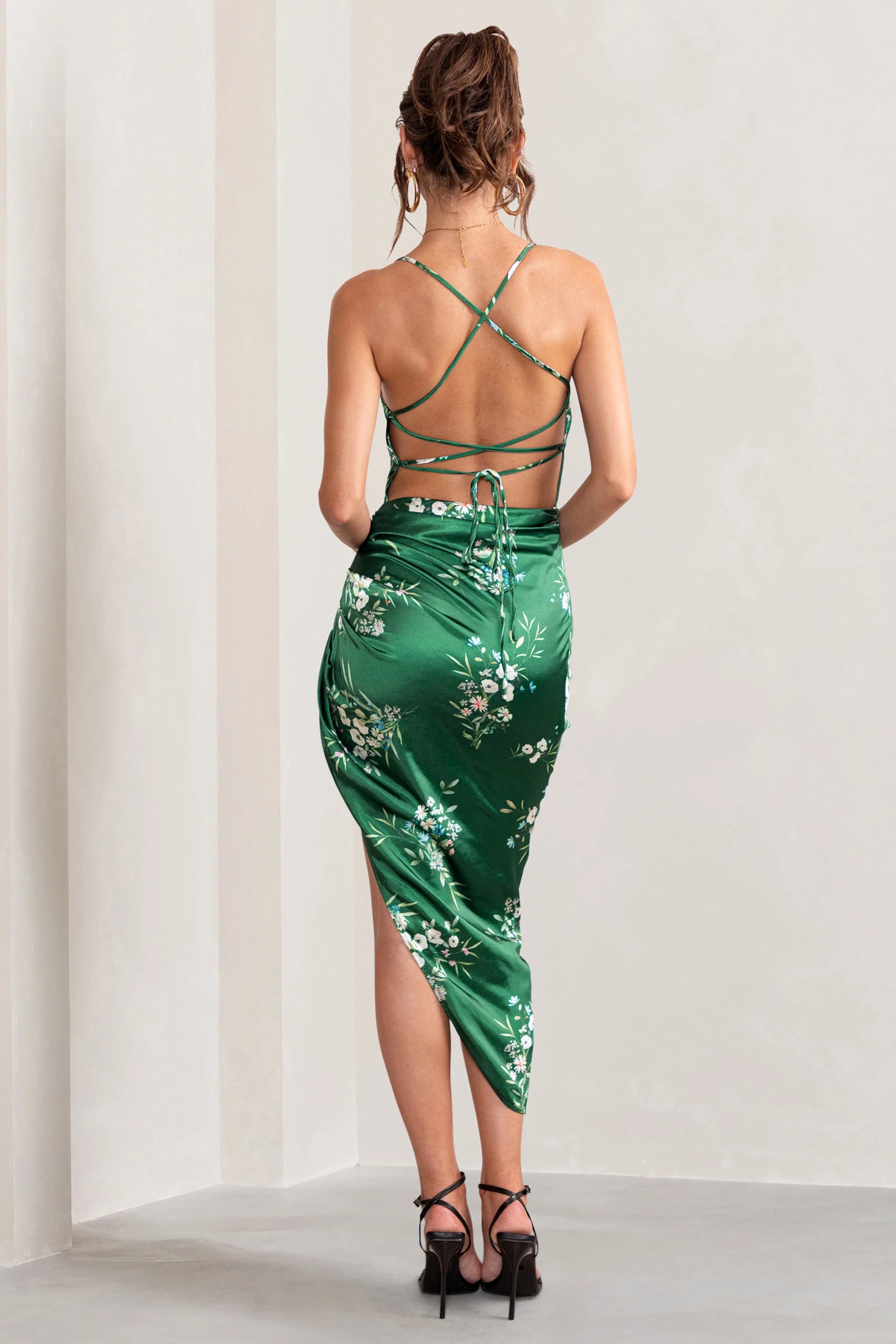 Risk It All | Green Floral Print Cami Cowl Neck Satin Asymmetric Hem Midi Dress
