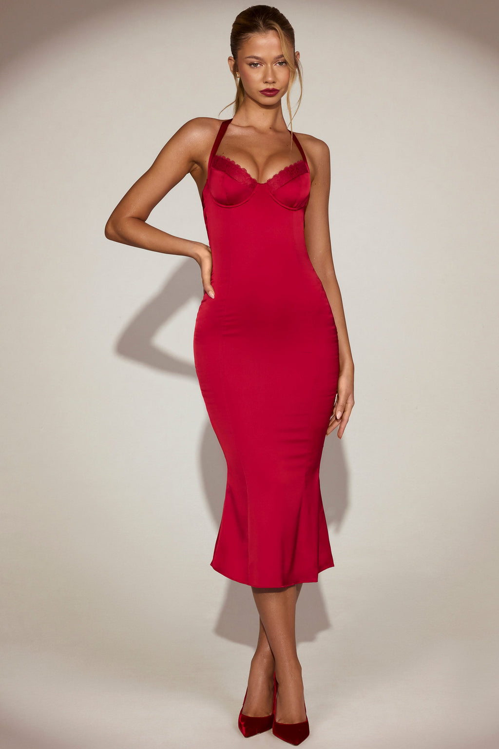 Satin Sweetheart Bustier Fishtail Midaxi Dress in True Red