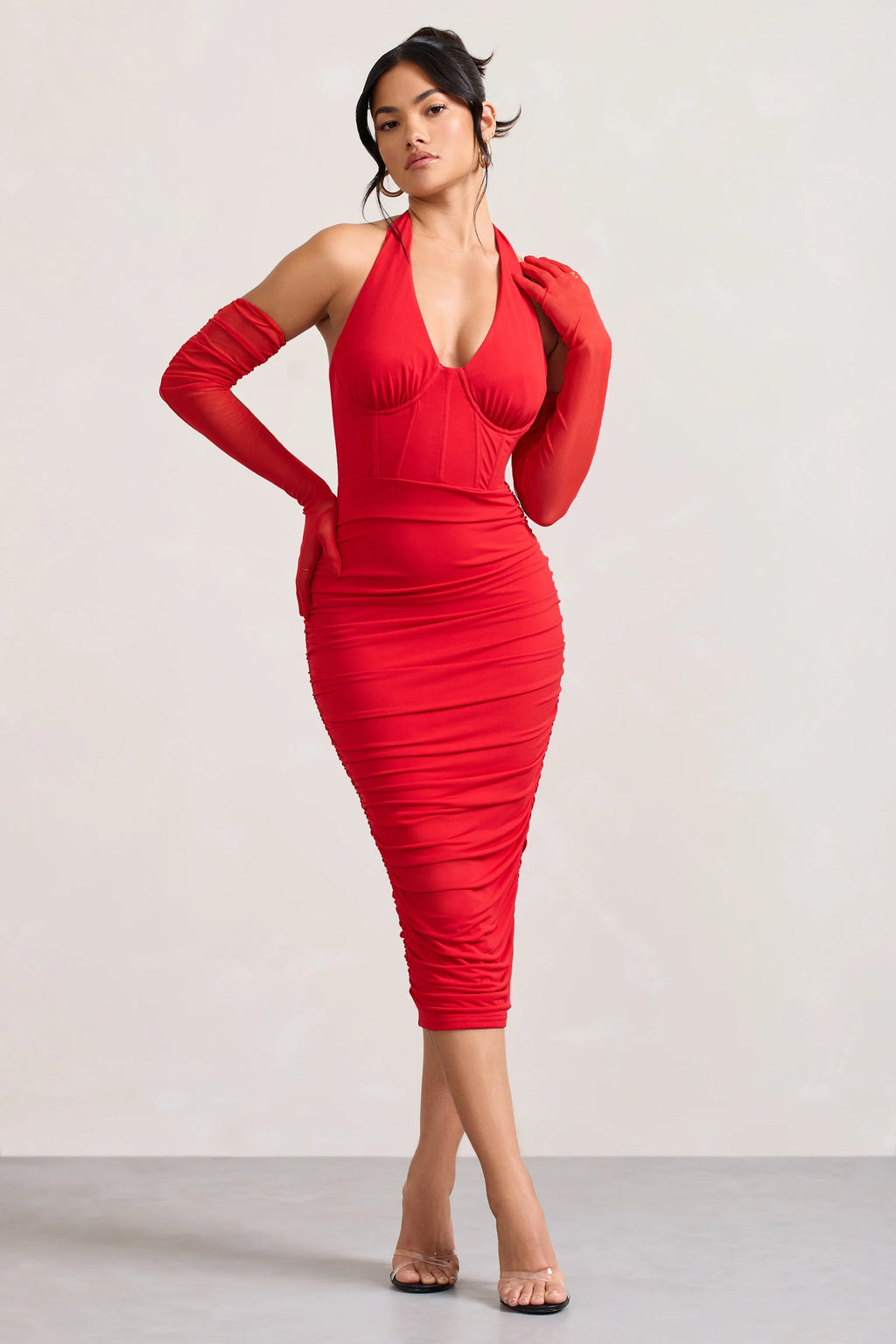 Your Touch | Red Sheer Long Ruched Gloves