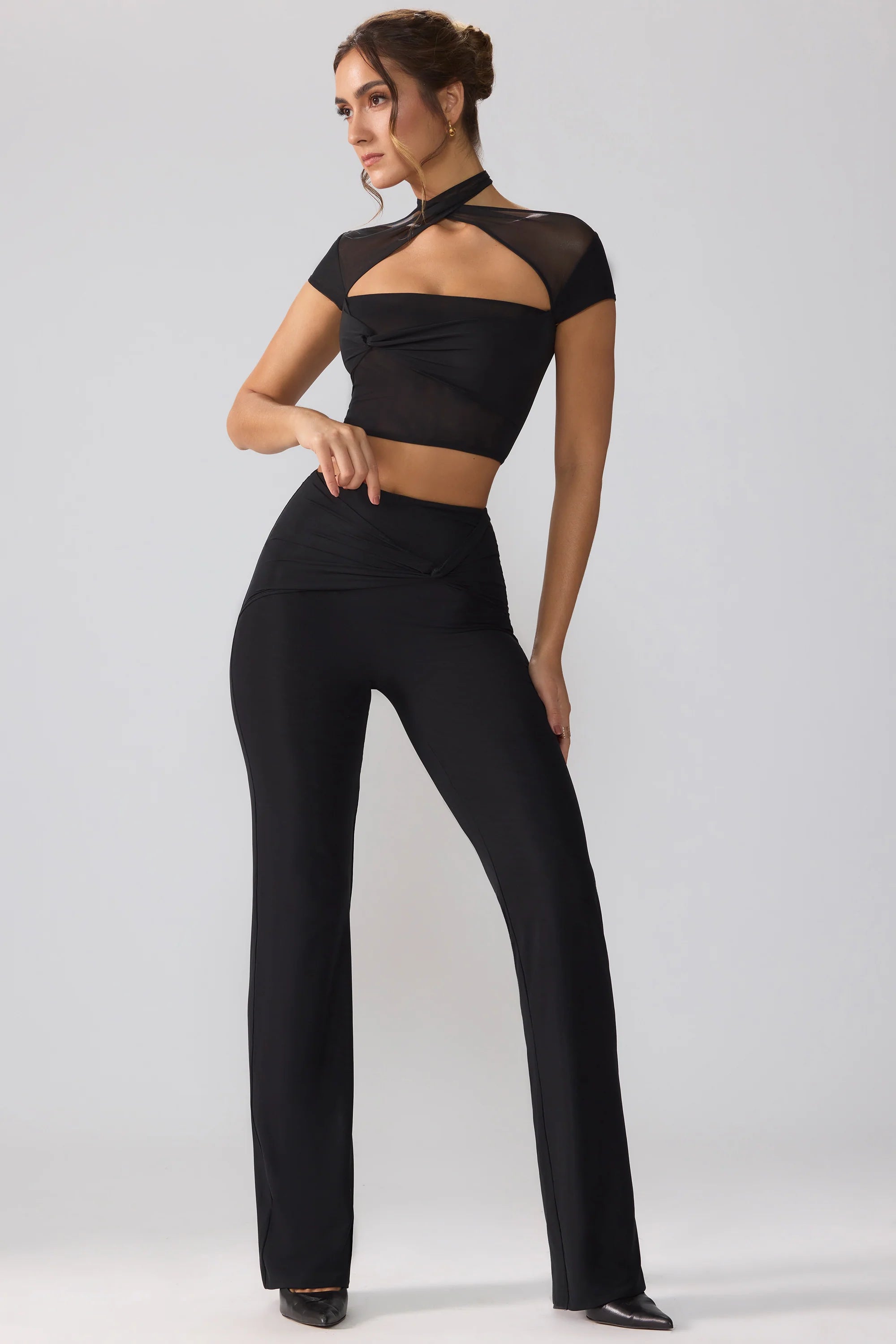 Tall Mesh Mid Rise Twist Overlay Flare Trousers in Black