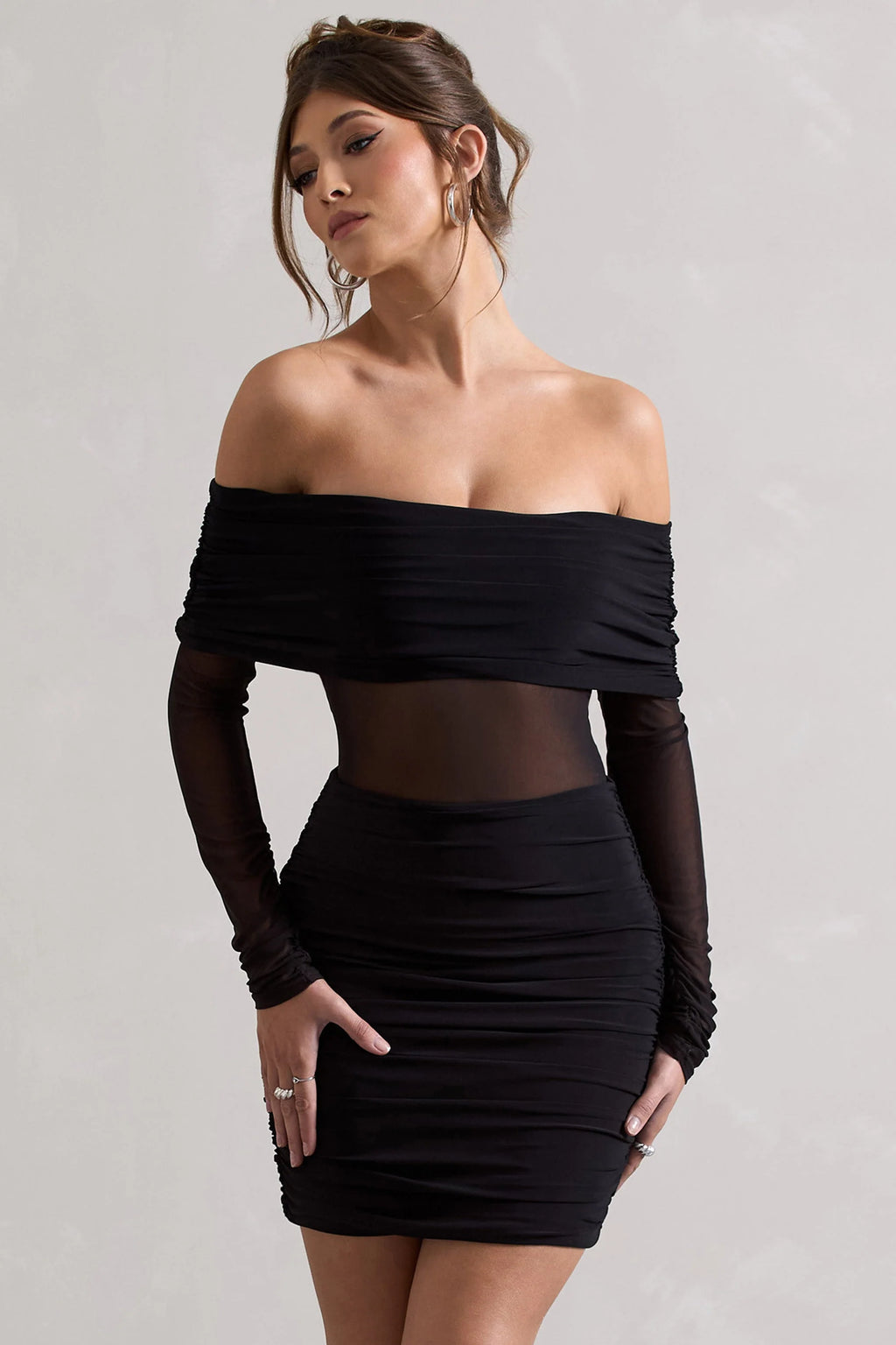 Dallas | Black Ruched Bardot Long-Sleeve Mini Dress
