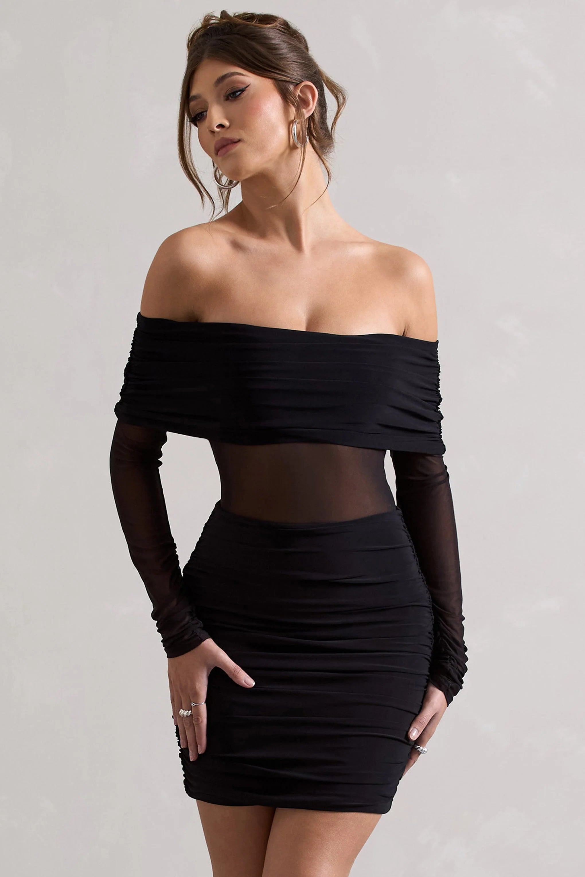 Dallas | Black Ruched Bardot Long-Sleeve Mini Dress