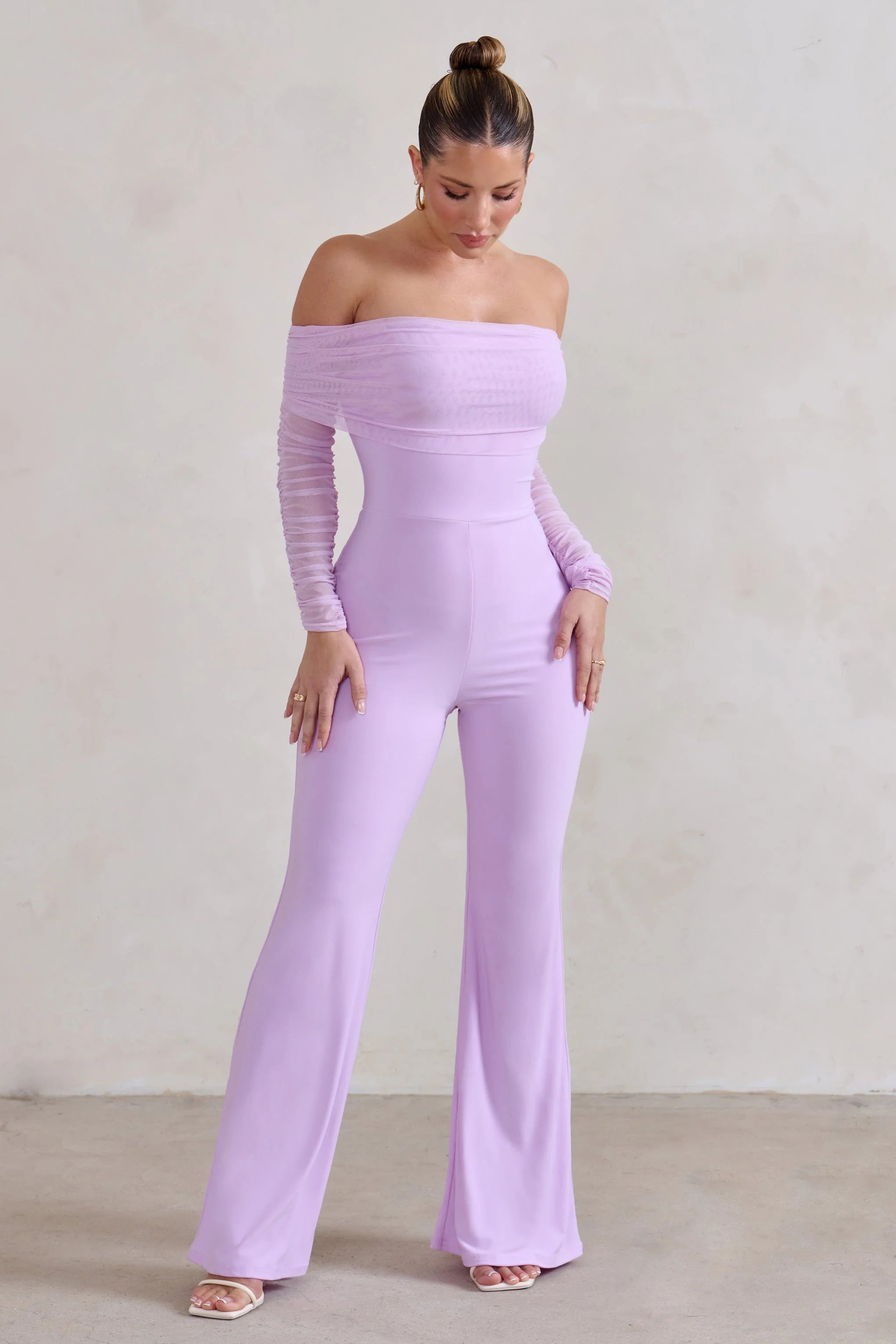 Whisper | Lilac Ruched Mesh Bardot Jumpsuit