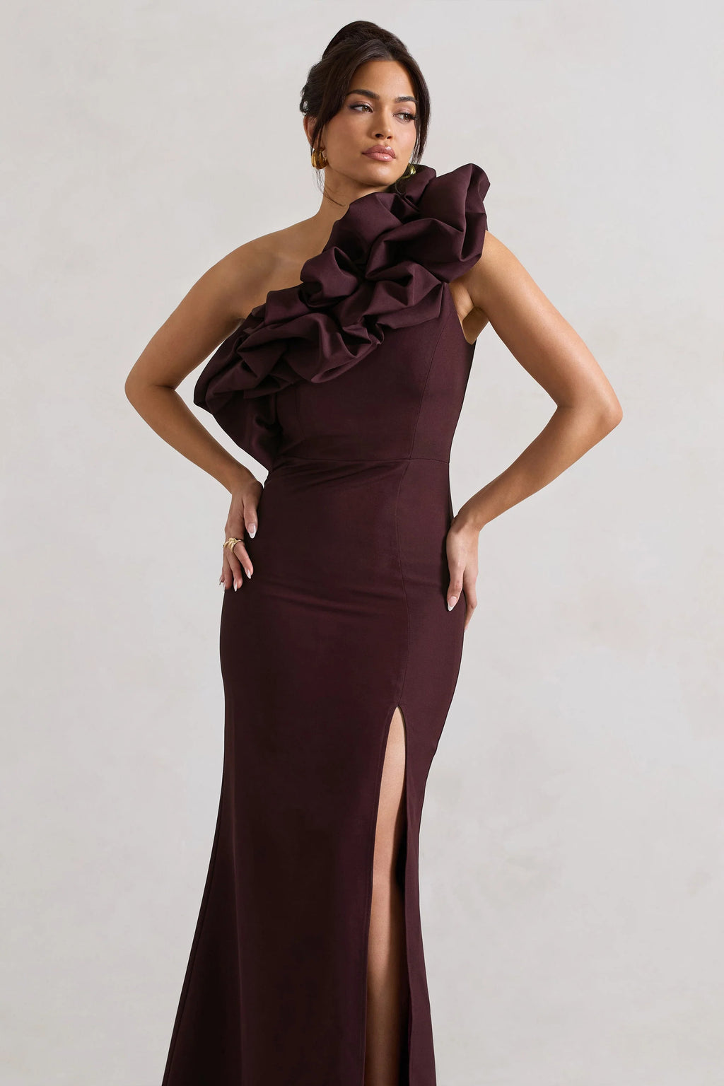 Vienne | Dark Plum Asymmetric Ruffle Split Maxi Dress
