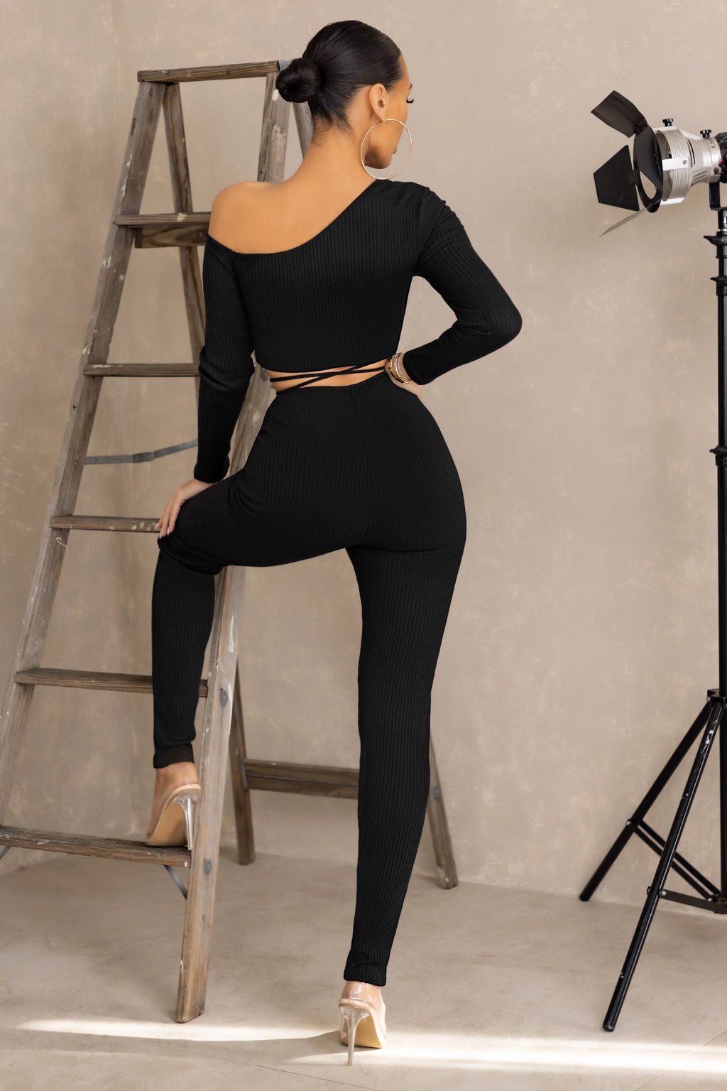Take Off | Black Ribbed Ruched Detail Leggings