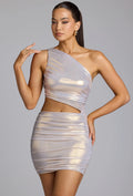 One Shoulder Metallic Jersey Mini Dress in Light Gold