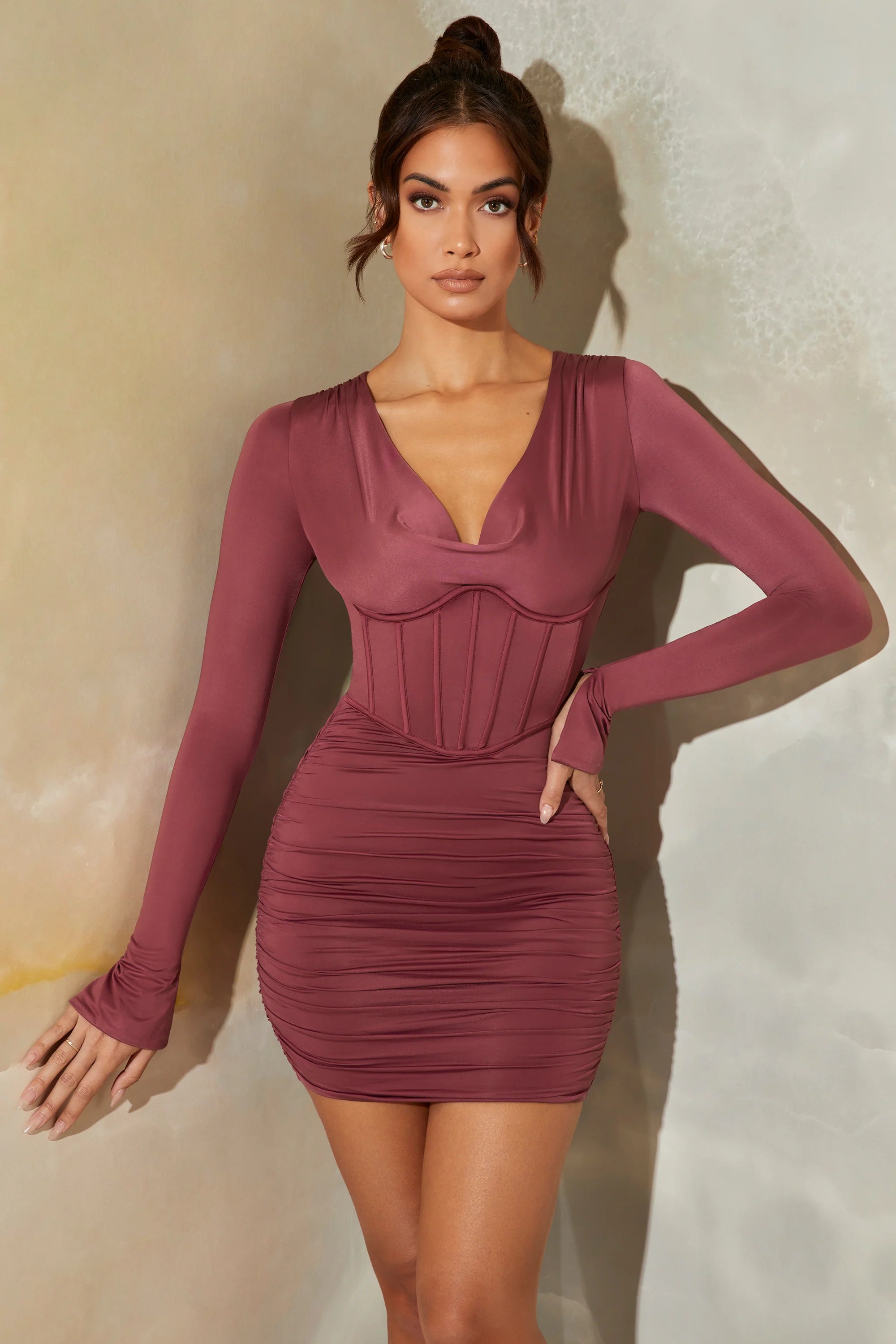 Long Sleeve Cowl Neck Corset Mini Dress in Dark Mauve