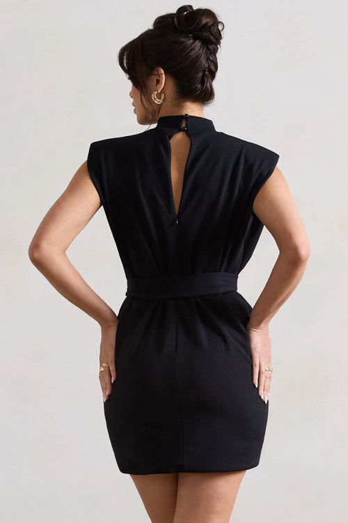 Asher | Black High-Neck Mini Dress With Tie Waist