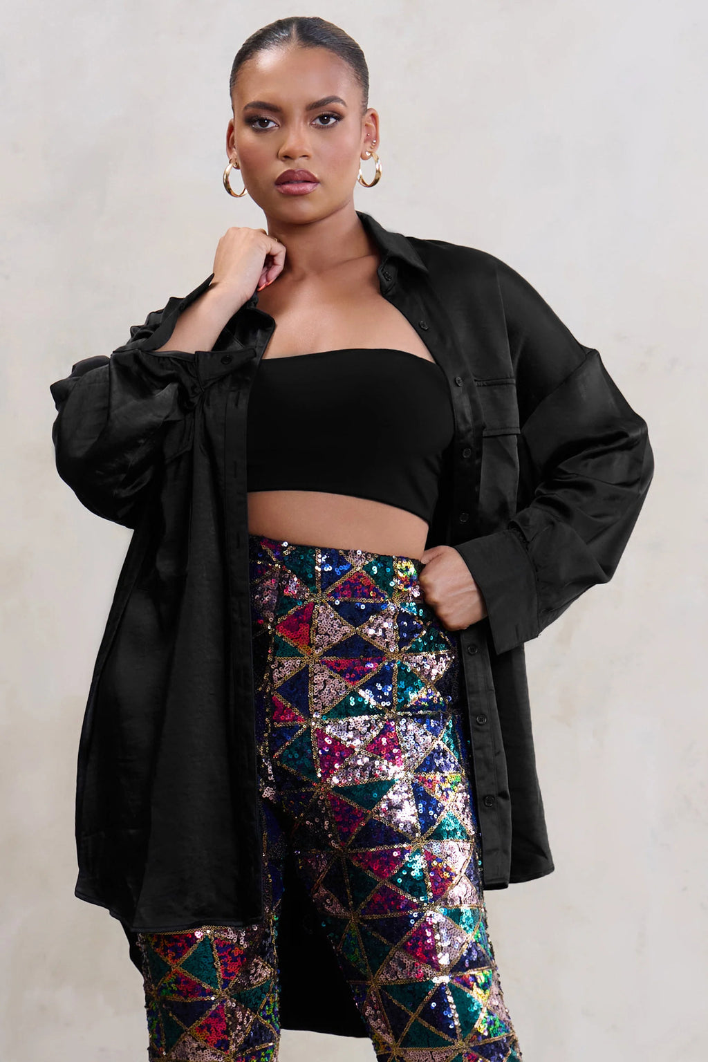 Limitless | Plus Black Oversized Long Sleeve Satin Shirt With Placement Pocket