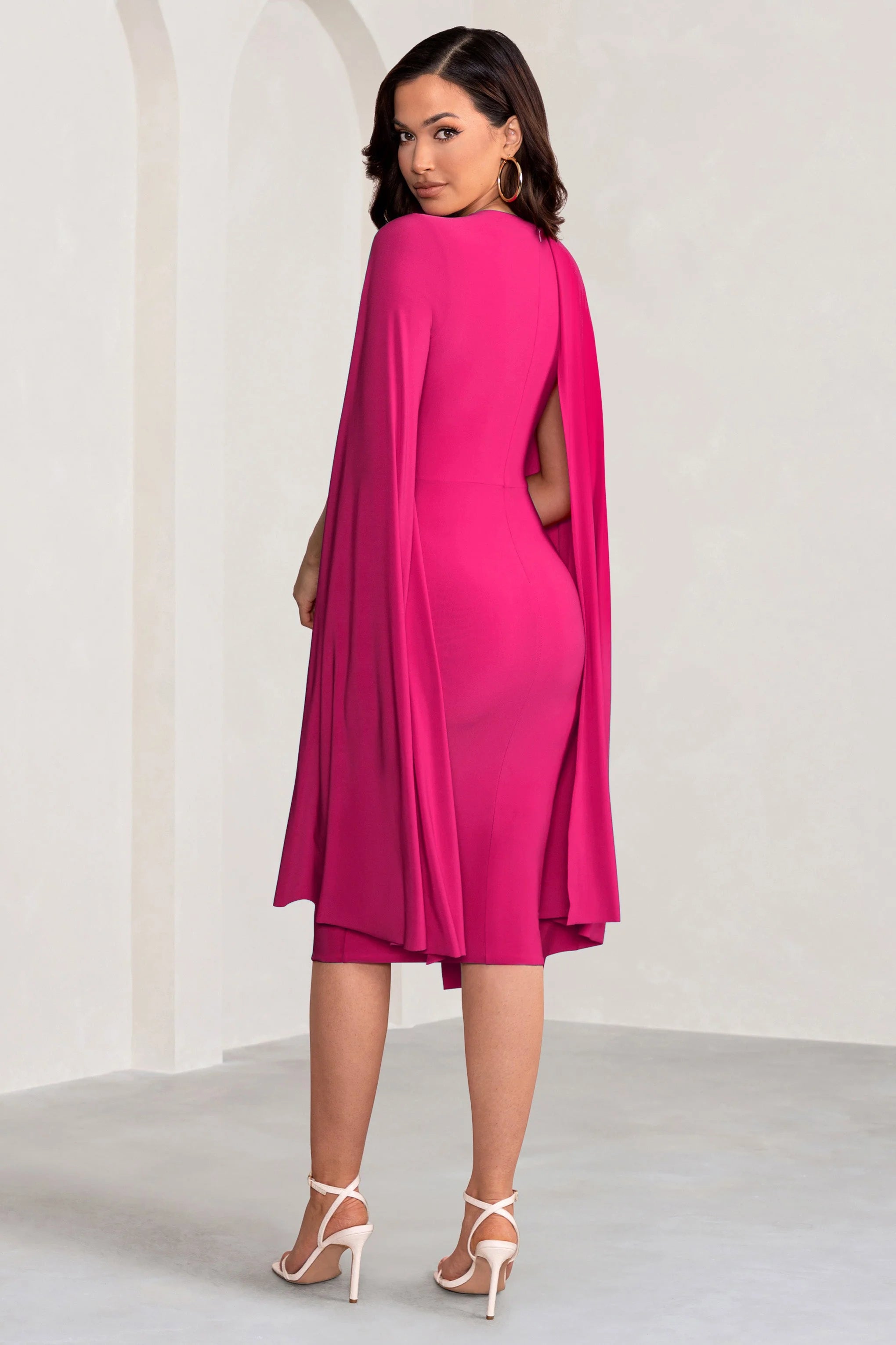 Marysol | Pink Asymmetric Cape Midi Dress