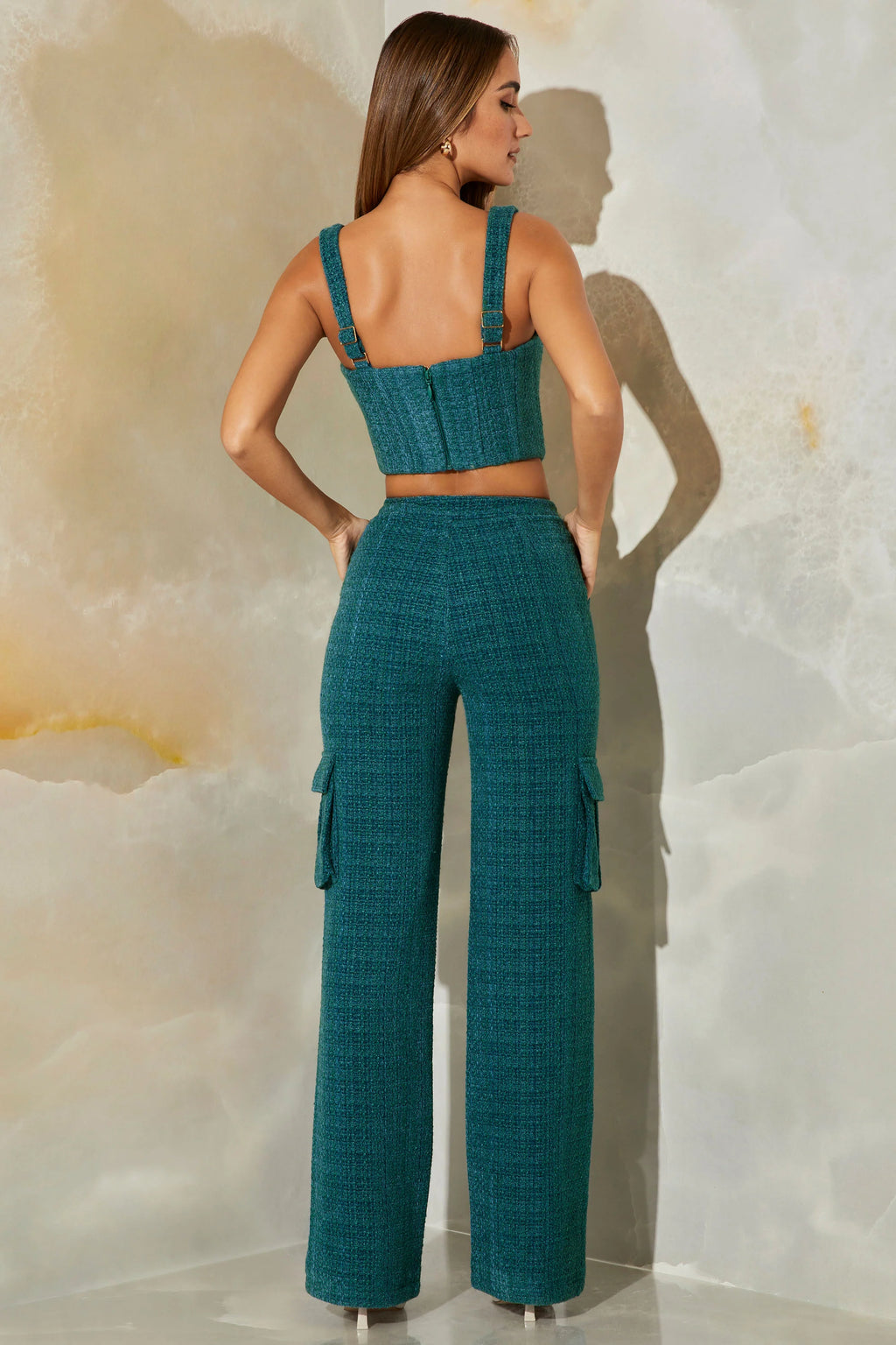 Petite Tweed Straight Leg Cargo Trousers in Teal