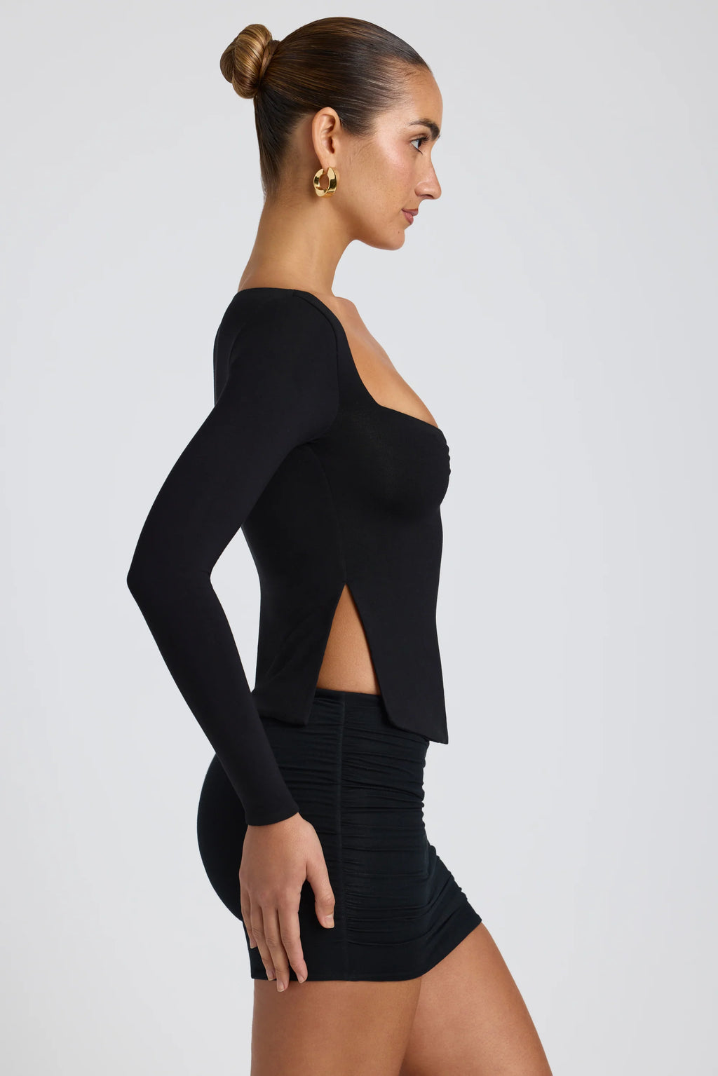 Modal Sweetheart Neckline Long Sleeve Top in Black